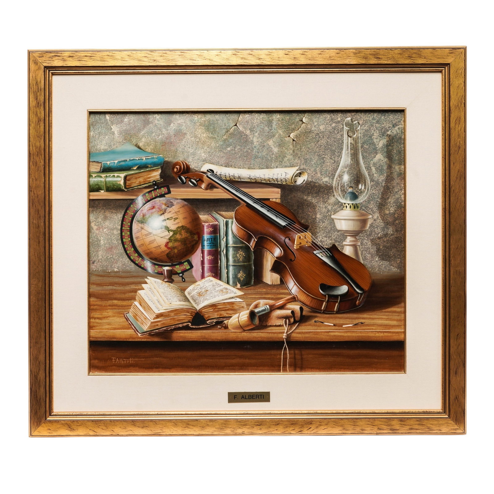 Francisco Alberti (Italian, 1941-1996) 'Vecchia Scrivania' Oil on Canvas: Francisco Alberti (Italian, 1941-1996) 'Vecchia Scrivania' Oil on Canvas Late 20th Century, Italy Meticulously executed trompe-l'œil still life depicting a violin, terrestrial globe, books, manuscrip