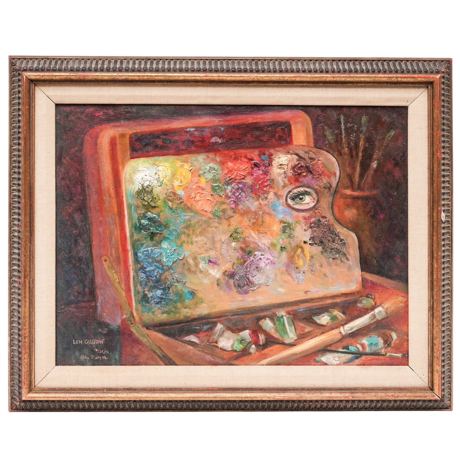 Len Gussow 'My Palette", Oil on Canvas Painting: Len Gussow 'My Palette", Oil on Canvas Painting 1976, USA A richly textured still life depicting an artist's palette laden with vibrant impasto pigments and a female eye study, accompanied by paint tu