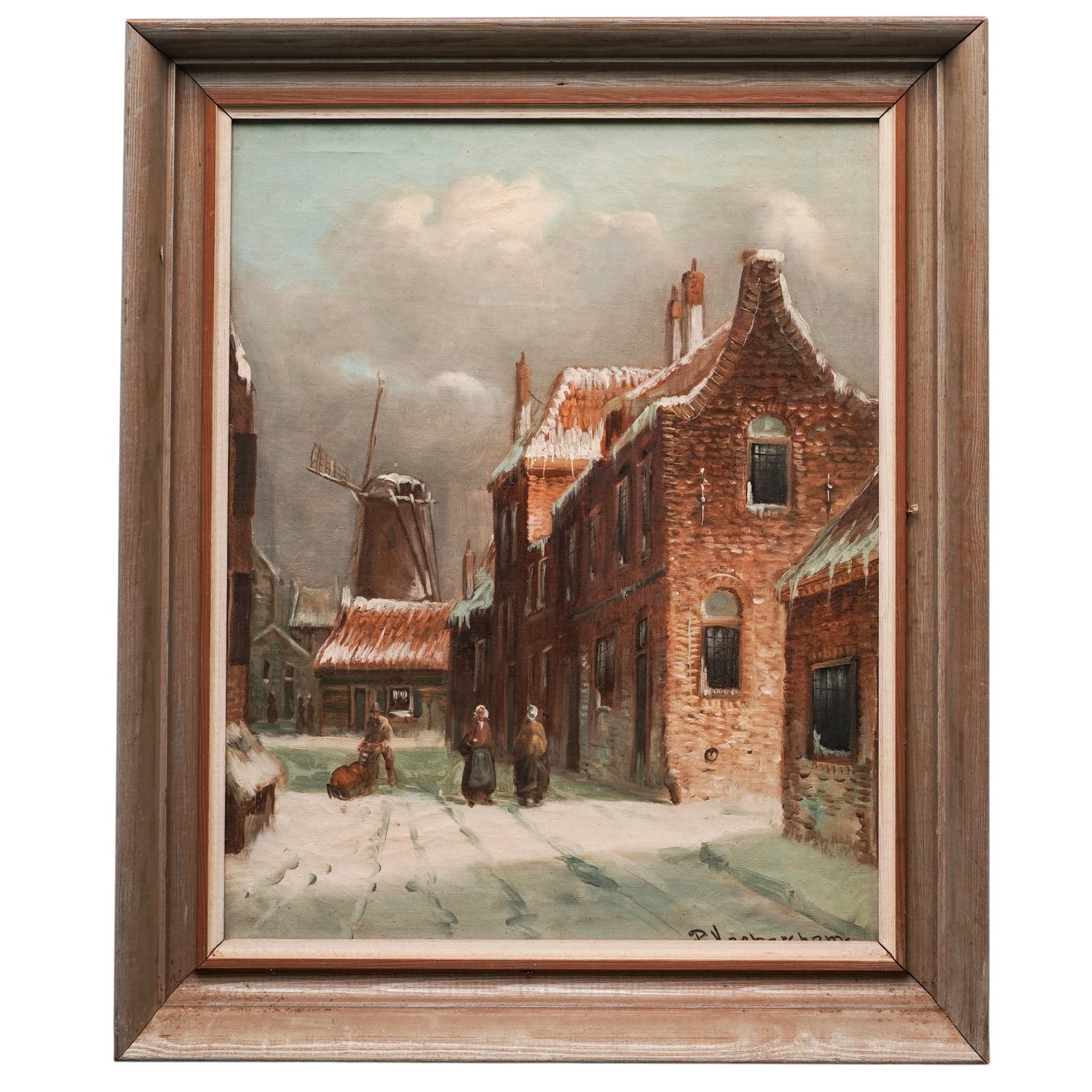 P. Verberghem (Dutch, 20th Cent.) Winter Landscape Oil On Canvas Painting: P. Verberghem (Dutch, 20th Cent.) Winter Landscape Oil On Canvas Painting 20th Cent., Dutch This oil on canvas painting depicts a picturesque, 19th-century Dutch winter street scene. The composition i