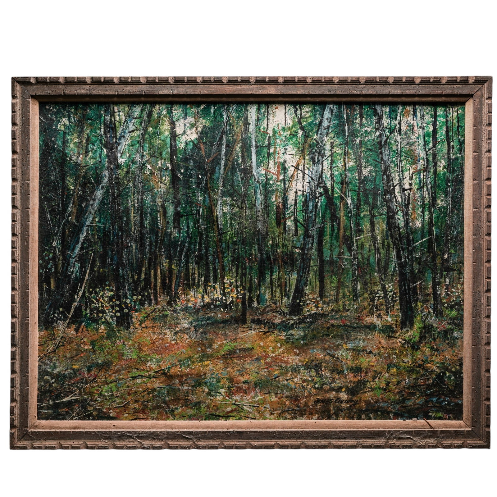 James R. Conway (American, 1920-2013) "Summer Woodland" Large Oil on Canvas: James R. Conway (American, 1920-2013) "Summer Woodland" Large Oil on Canvas mid-1950s-1970s. USA This mid-century oil on canvas showcases his beautiful, early abstract-impressionist style, utilizing a