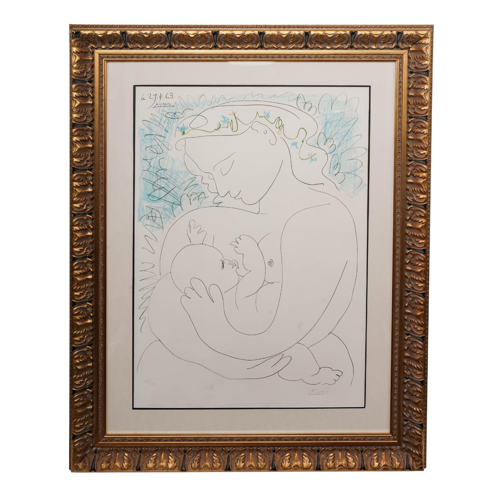 Pablo Picasso (Spanish, 1881-1973) 'Grande Maternité' Colored Lithograph: Pablo Picasso (Spanish, 1881-1973) 'Grande Maternité' Colored Lithograph Mid-20th Century, Spain Colored lithograph of Pablo Picasso's "Grande Maternité", depicting a seated mother nursing her child