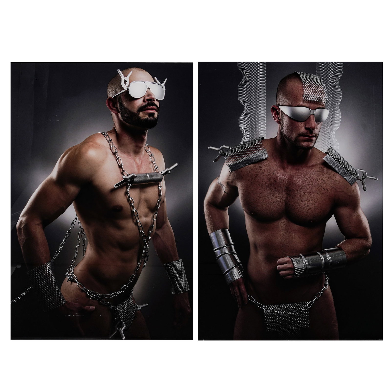 (2 pc) Modern Gladiator Male Semi-Nude Photographs: (2 pc) Modern Gladiator Male Semi-Nude Photographs 21st Cent Two photographs depicting semi nude men in sunglasses and modern day metal gladiator outfits. H 24" x W 16" each