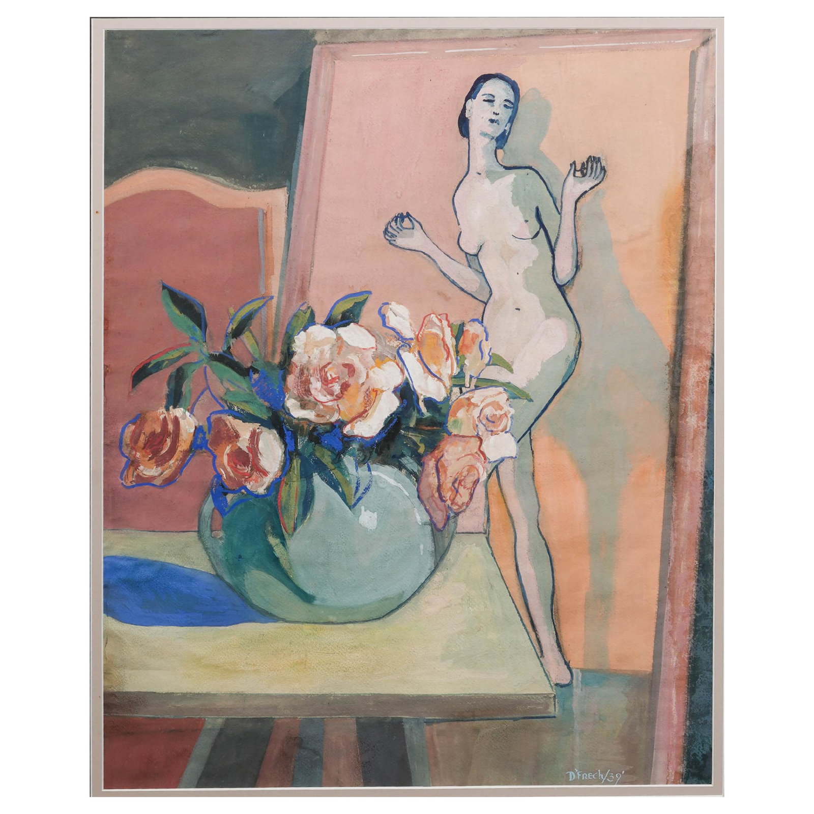 Signed Floral Still Life & Female Nude, Gouache On Paper: Signed Floral Still Life & Female Nude, Gouache On Paper Early 20th Century, France Artist signed gouache on paper depicting a floral still life in a blue-green vase before a standing female nude, com