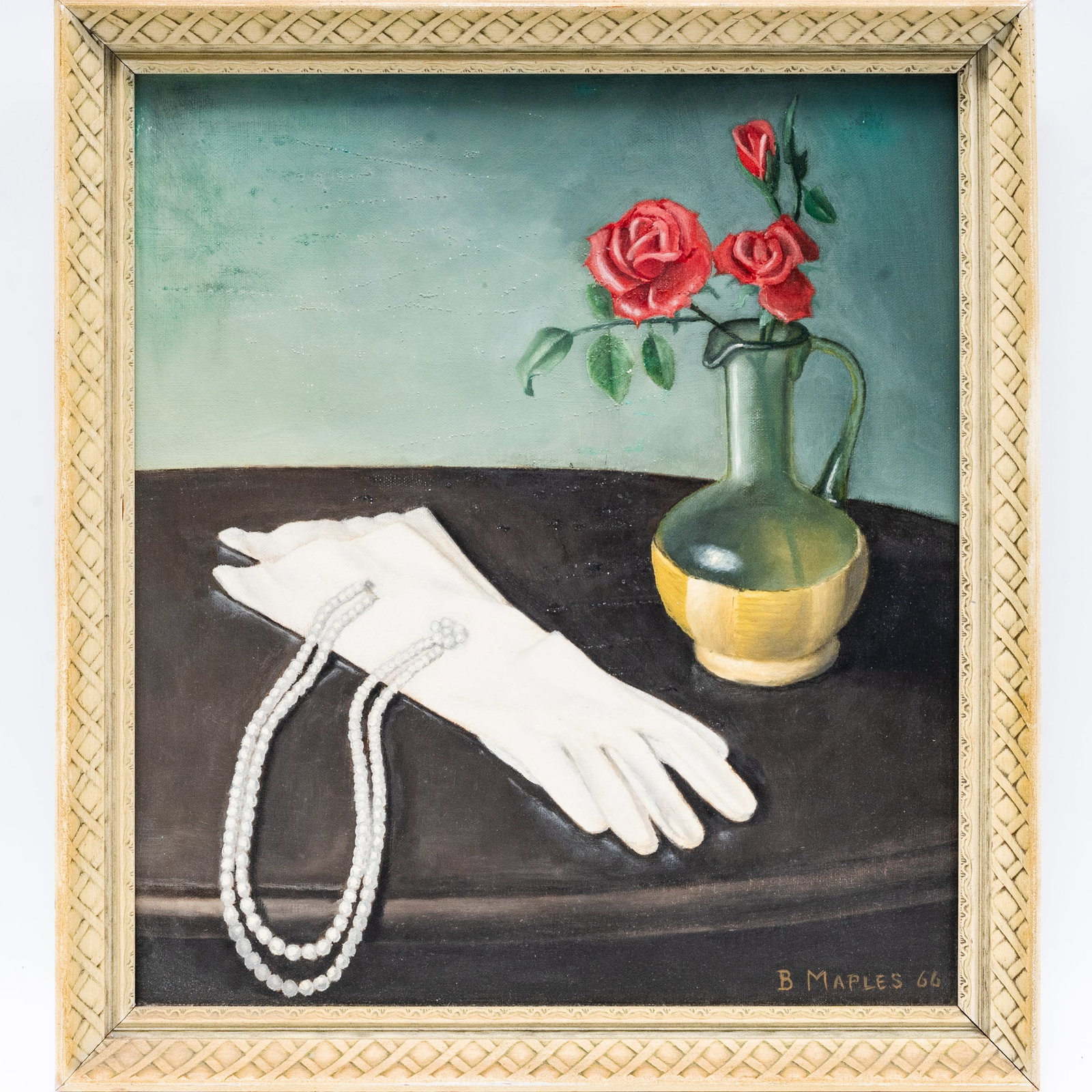 B. Maples Still life Oil on Canvas Painting: B. Maples Still life Oil on Canvas Painting c. 1966, USA Mid-century still life painting featuring white opera gloves, a double strand of pearls, and a green and gold ceramic pitcher with red roses. S