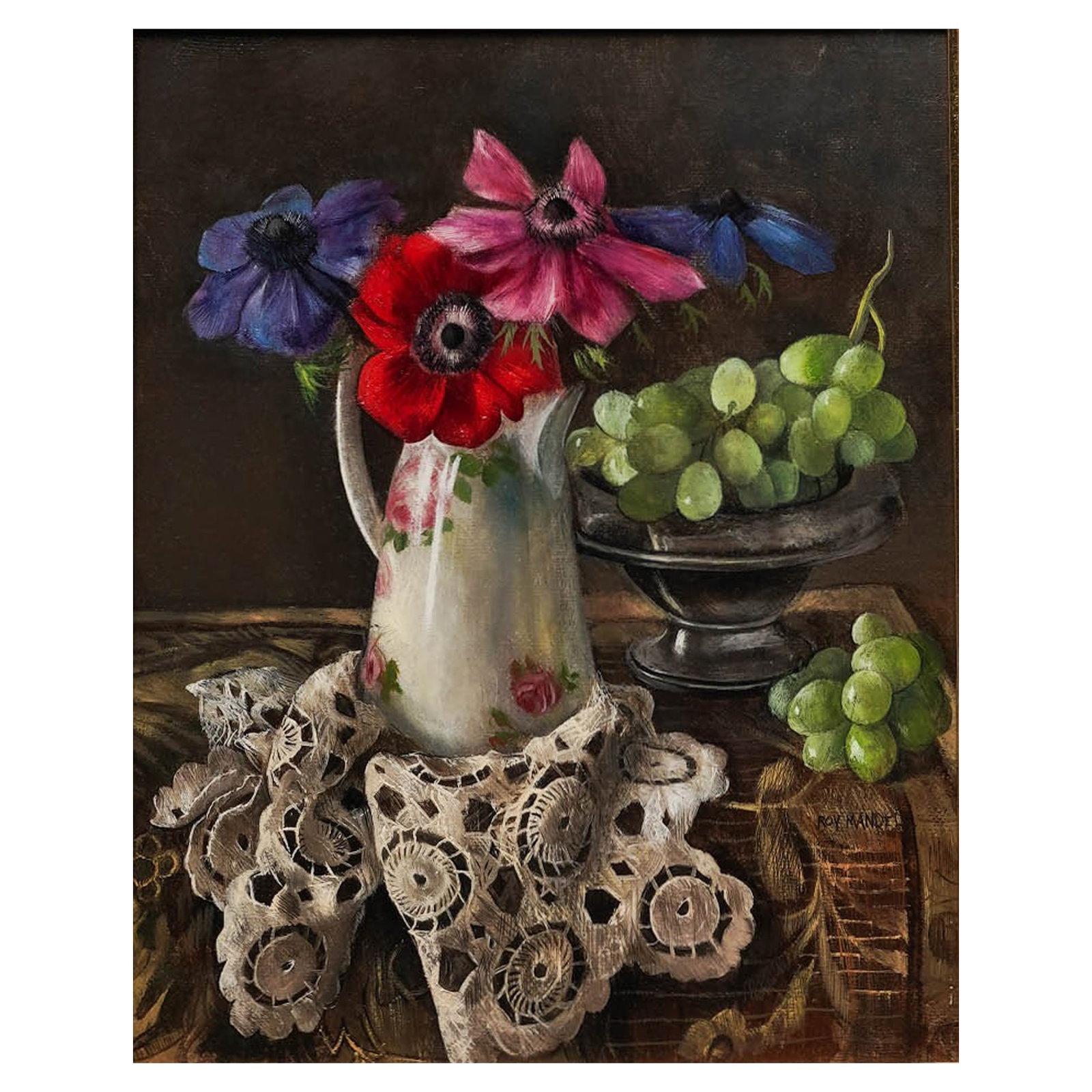 Roy Mandell (Canadian, b. 1942) "Still-Life" Oil on Canvas: Roy Mandell (Canadian, b. 1942) "Still-Life" Oil on Canvas Late 20th - 21st Cent, Canada Still life depicting colorful flowers in a porcelain vase, green grapes in a metal raised fruit bow, atop a car