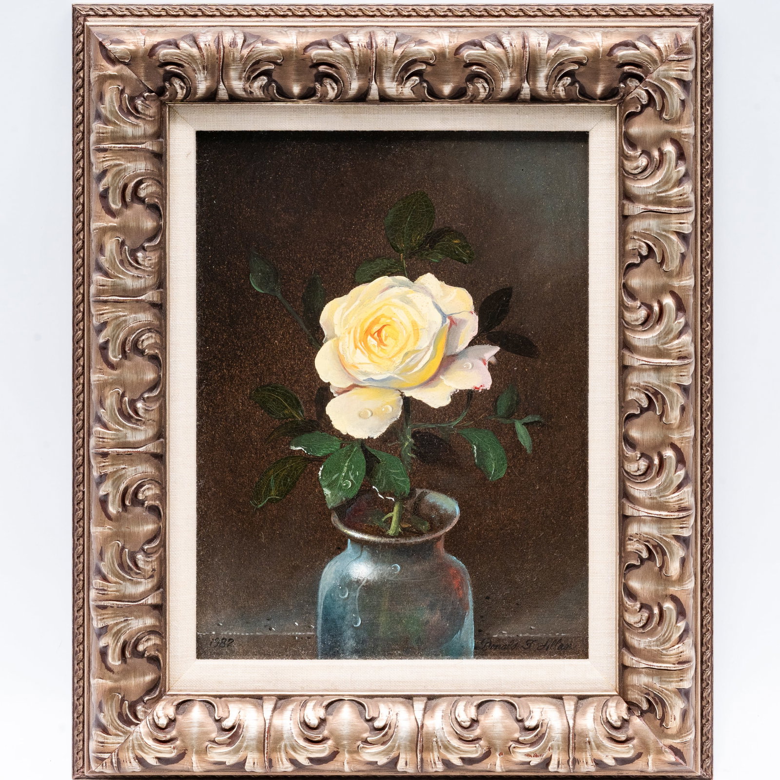 Donald F. Allan (American, 1927-2013) 'Rose Still Life' Oil on Board: Donald F. Allan (American, 1927-2013) 'Rose Still Life' Oil on Board 1982, USA A finely executed oil on board by Donald F. Allan depicting a single blooming white rose arranged in a blue glass vase ag
