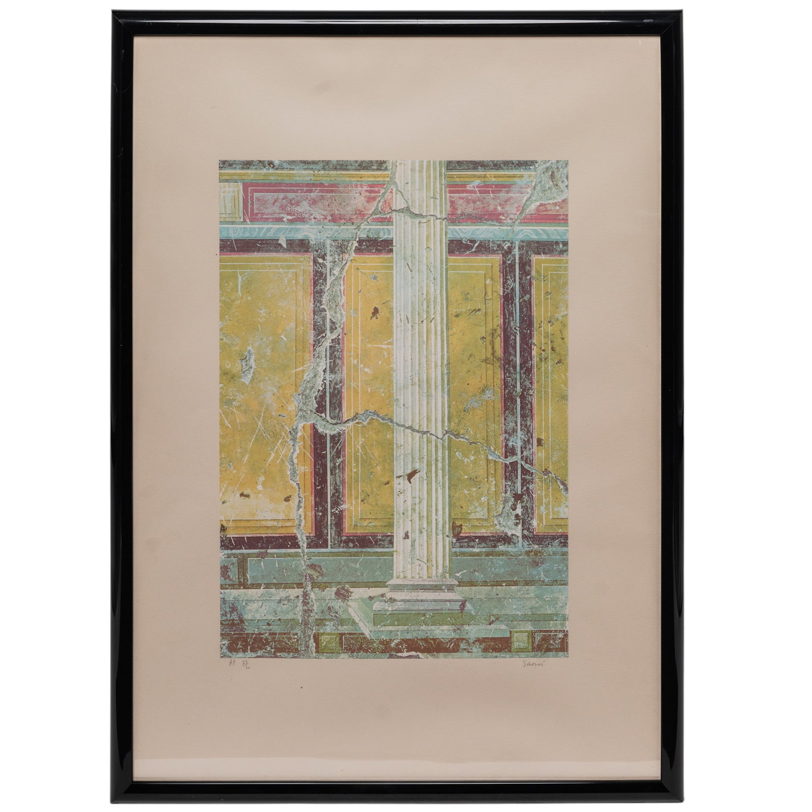 Pete Saari (American, b. 1951) "Yellow Fragment With Column II" AP Lithograph: Pete Saari (American, b. 1951) "Yellow Fragment With Column II" AP Lithograph 20th century, USA Lithograph titled "Yellow Fragment With Column II" by American artist Peter Saari.The piece depicts a re