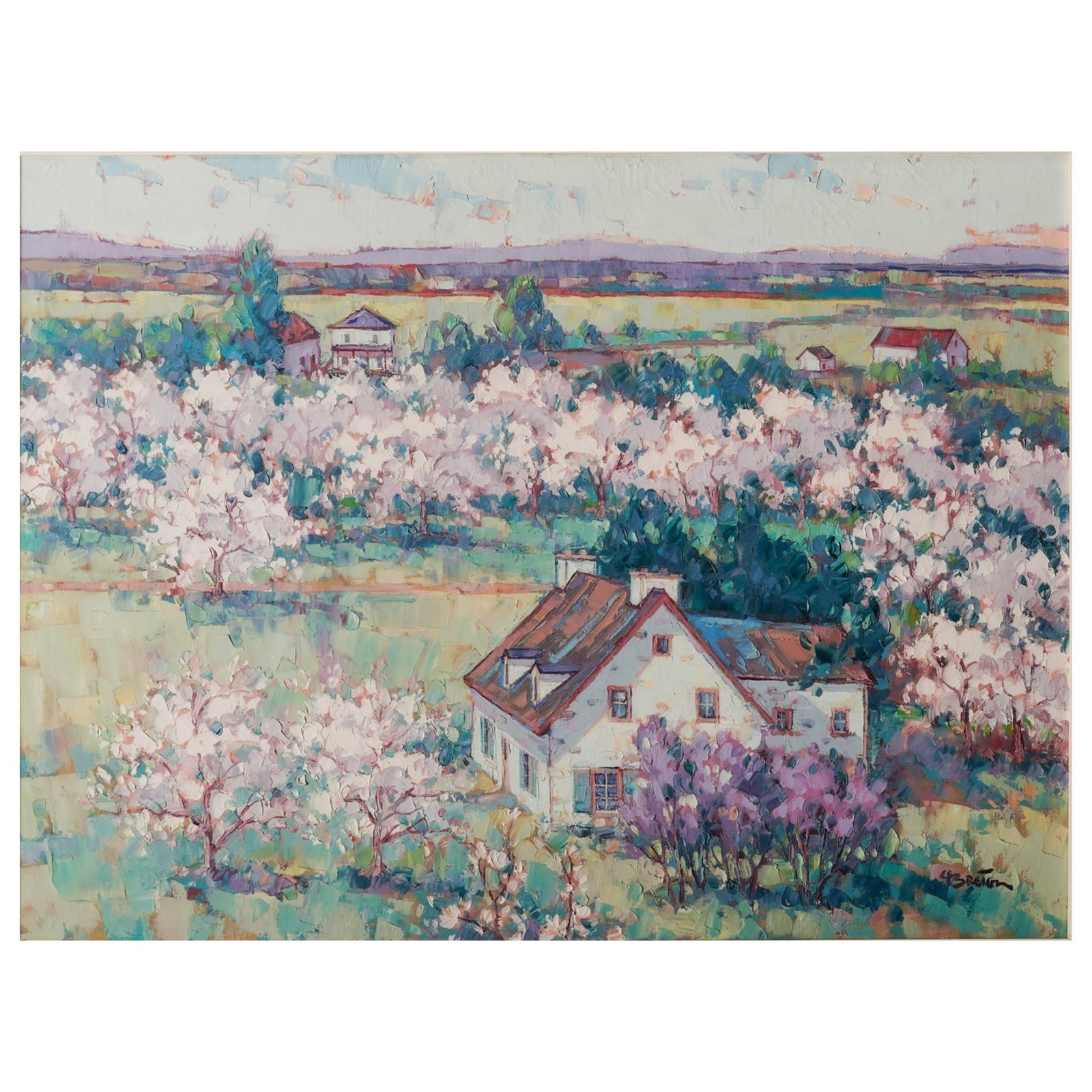 Yvon Breton (Canadian, 1942-) 'Rougemont', Oil on Canvas: Yvon Breton (Canadian, 1942-) 'Rougemont', Oil on Canvas Late 20th Century, Canada Vibrant landscape depicting a farmhouse nestled amid the blossoming orchards of Rougemont, Québec, executed with a l