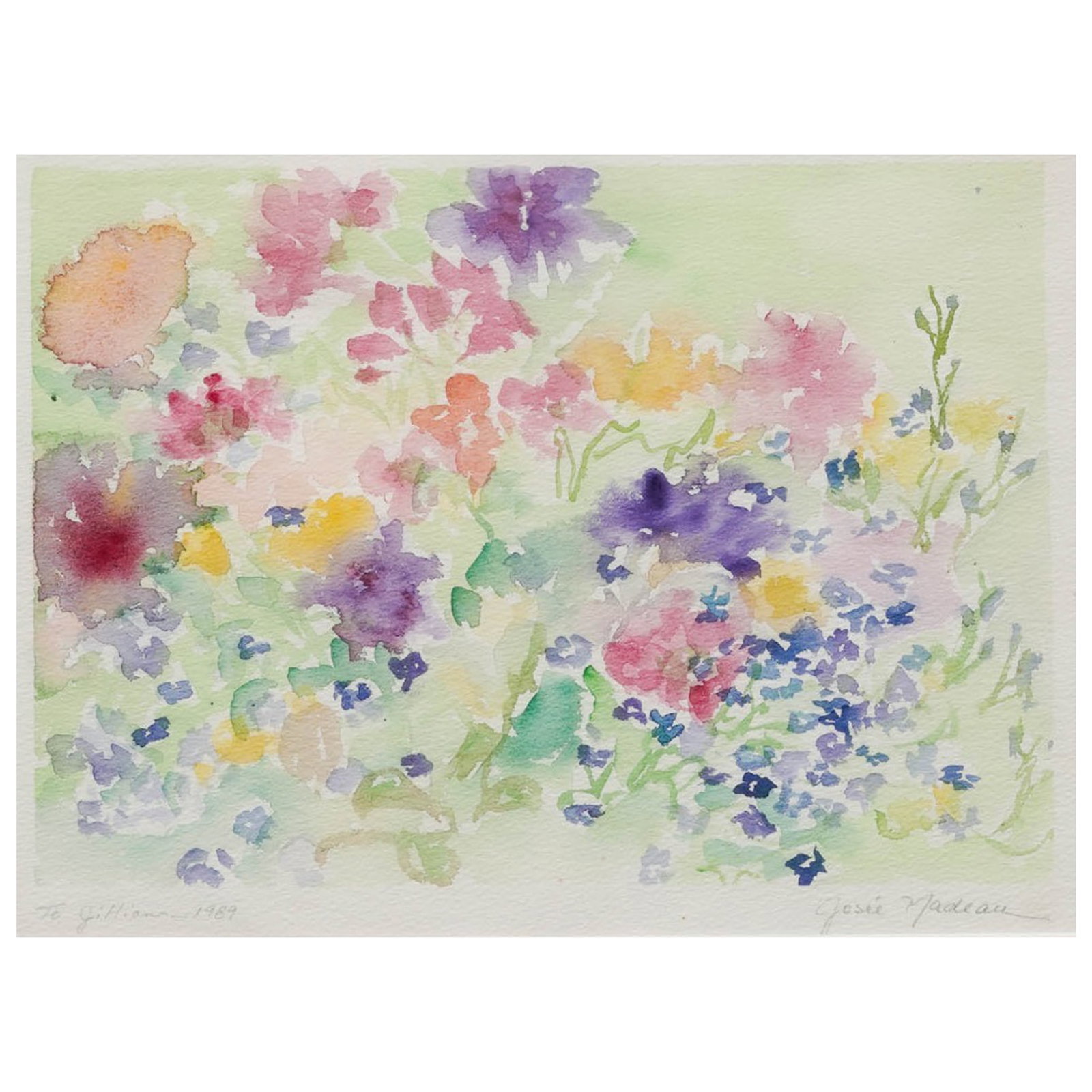 Josee Nadeau (Canadian, b. 1963) Flower Garden Watercolor on Paper: Josee Nadeau (Canadian, b. 1963) Flower Garden Watercolor on Paper 1989, Canada Watercolor painting of a variety of colorful blue, purple, yellow, orange, and pink flowers in a garden, against a green