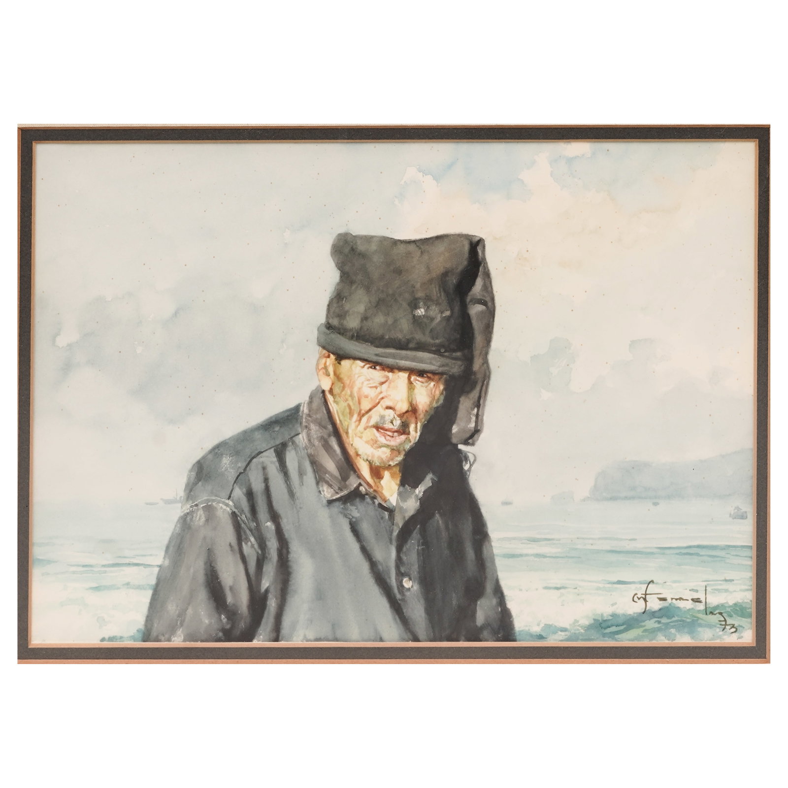 Miss L Fennell (British) Portrait of a Fisherman, Watercolor on Paper: Miss L Fennell (British) Portrait of a Fisherman, Watercolor on Paper 1973, England Depicting a weathered fisherman wearing a dark cap and work clothes, standing before a coastal landscape with the se