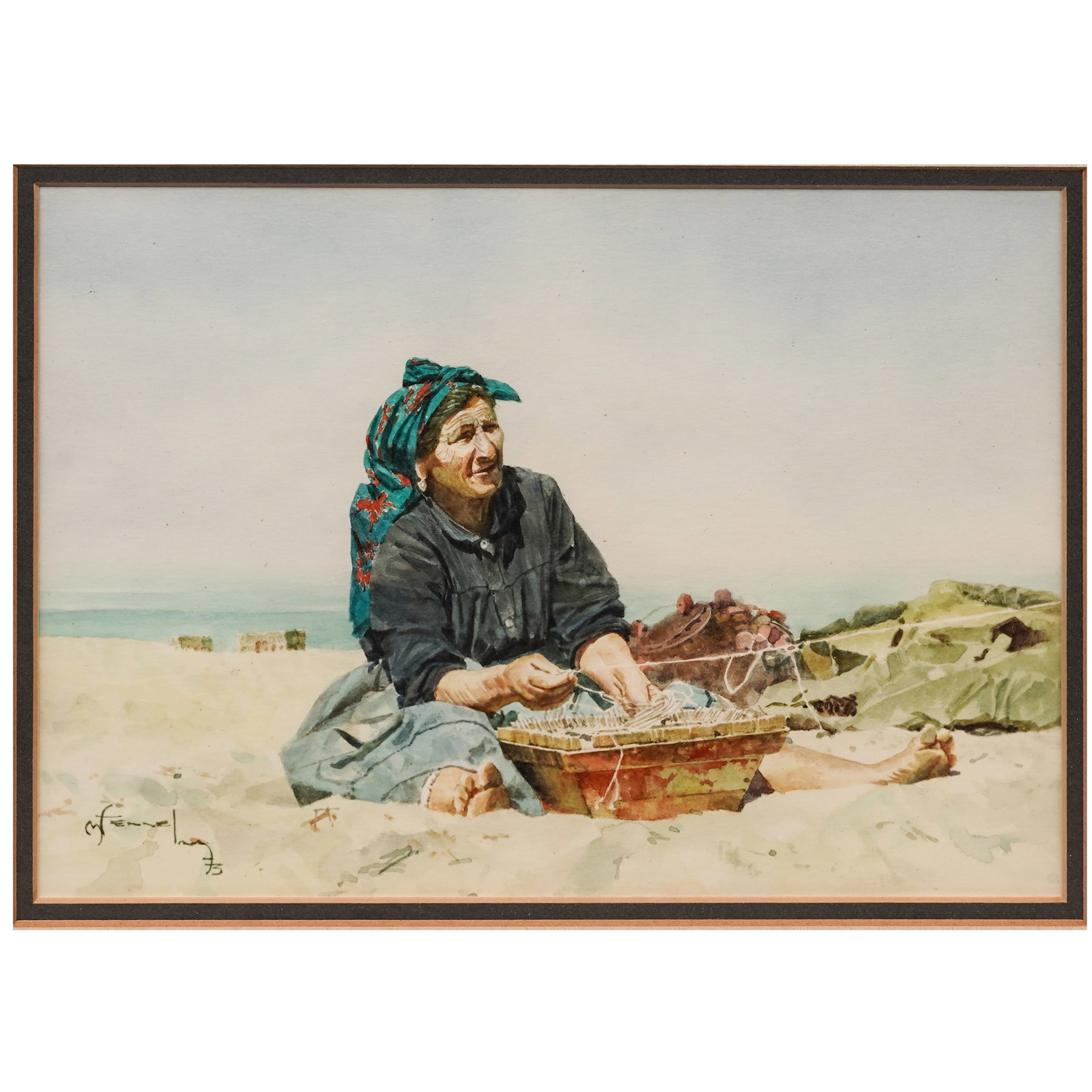 Miss L Fennell (British) Portrait of a Woman on the Beach, Watercolor on Paper: Miss L Fennell (British) Portrait of a Woman on the Beach, Watercolor on Paper 1973, England Depicting a seated woman in traditional dress beside a basket on a sandy beach, with the shoreline and dist