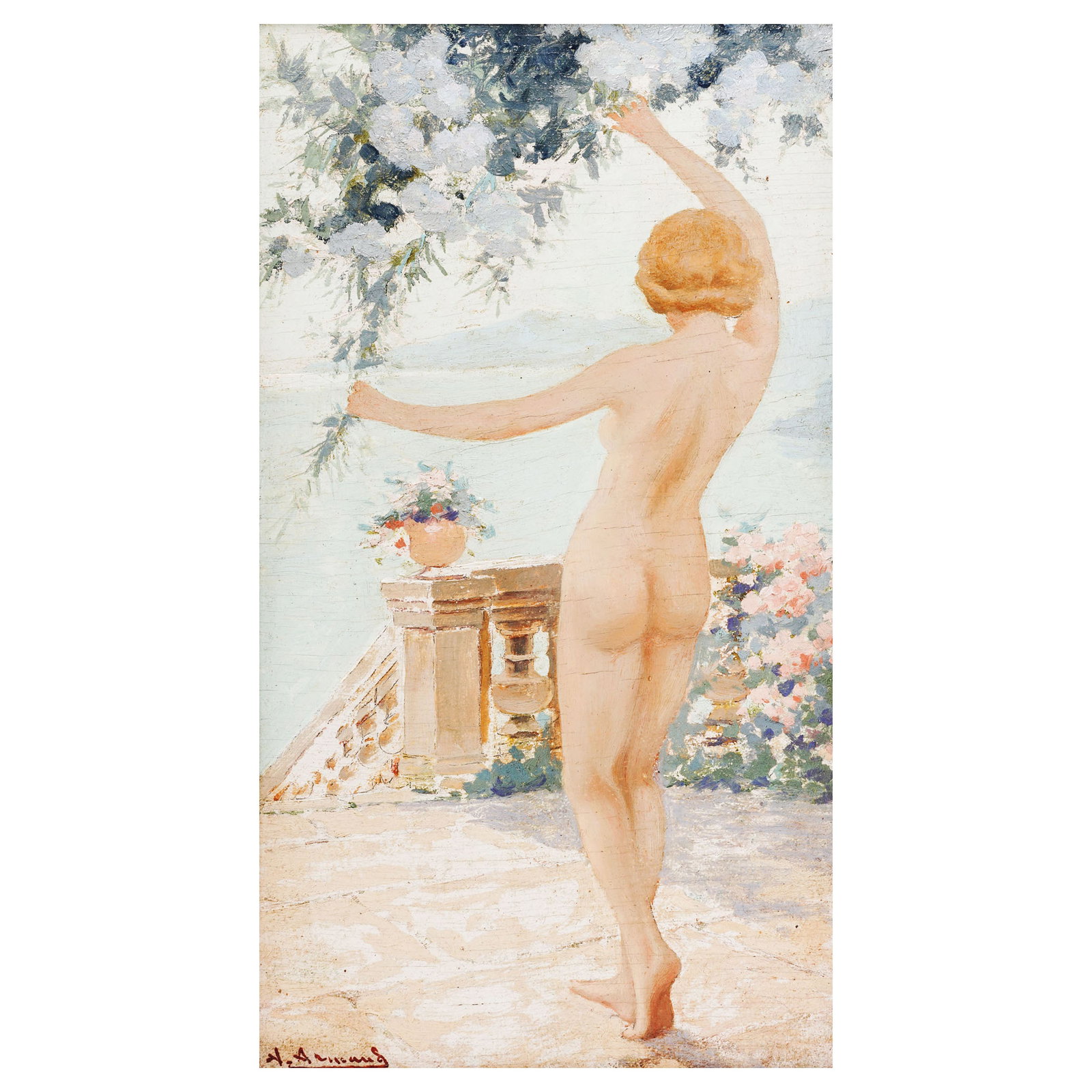 Aristide Armand (French, 20th cent.) "Nude On The Terrace, Mediterrannée" Oil on Board: Aristide Armand (French, 20th cent.) "Nude On The Terrace, Mediterrannée" Oil on Board 20th century, French The artwork in the image is titled "Nude on the terrace, mediterrannée" (Nu sur la terrass