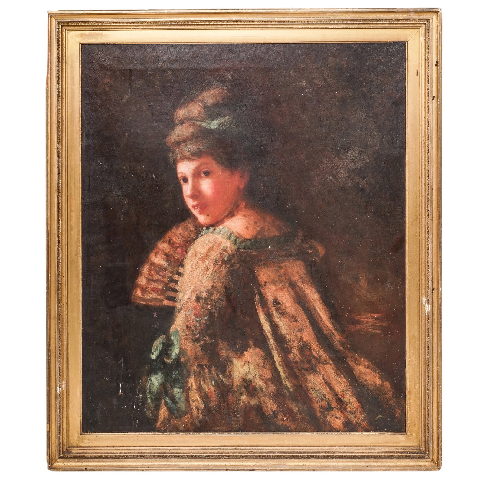 Artist Signed Portrait of a Woman, Oil on Canvas: Artist Signed Portrait of a Woman, Oil on Canvas Late 19th Century, Europe Expressive portrait of a young woman shown in three-quarter view, elegantly attired in a richly textured lace shawl and feath