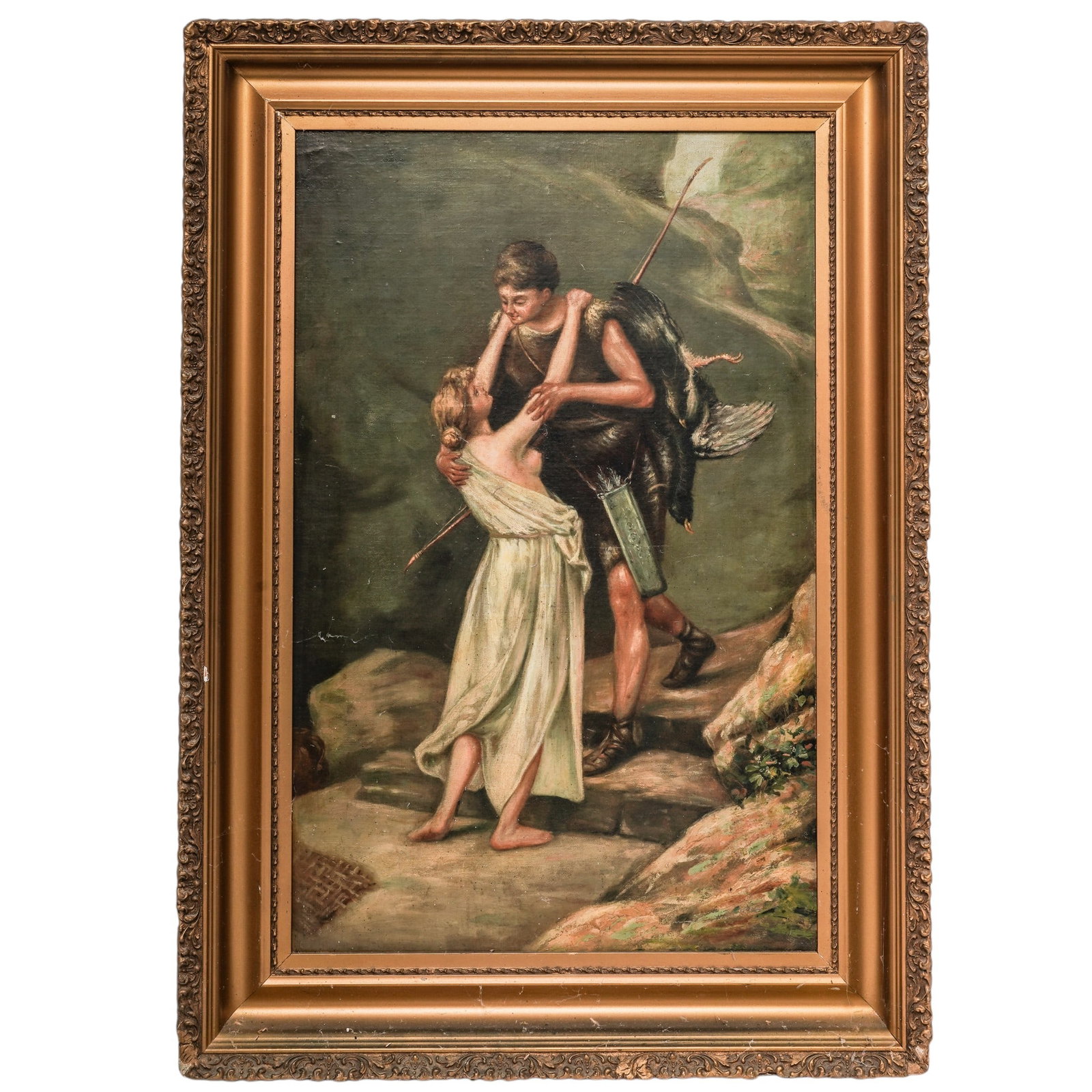 Antique Mythological Scene, Oil on Panel Painting: Antique Mythological Scene, Oil on Panel Painting 19th Century, Continental An antique oil on panel depicting a mythological maiden seated among rocky terrain, attended by a winged putto in a romantic