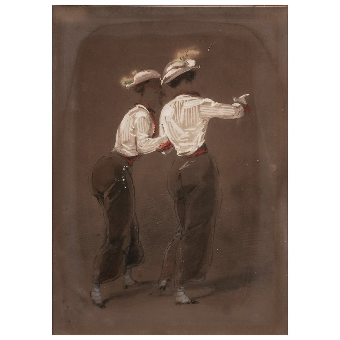 Paul Gavarni (French, 1804-1866) "Two Women" Watercolor Painting: Paul Gavarni (French, 1804-1866) "Two Women" Watercolor Painting Early - Mid 19th Cent, France This watercolor by Paul Gavarni depicts two elegantly dressed women walking together, each wearing a wide