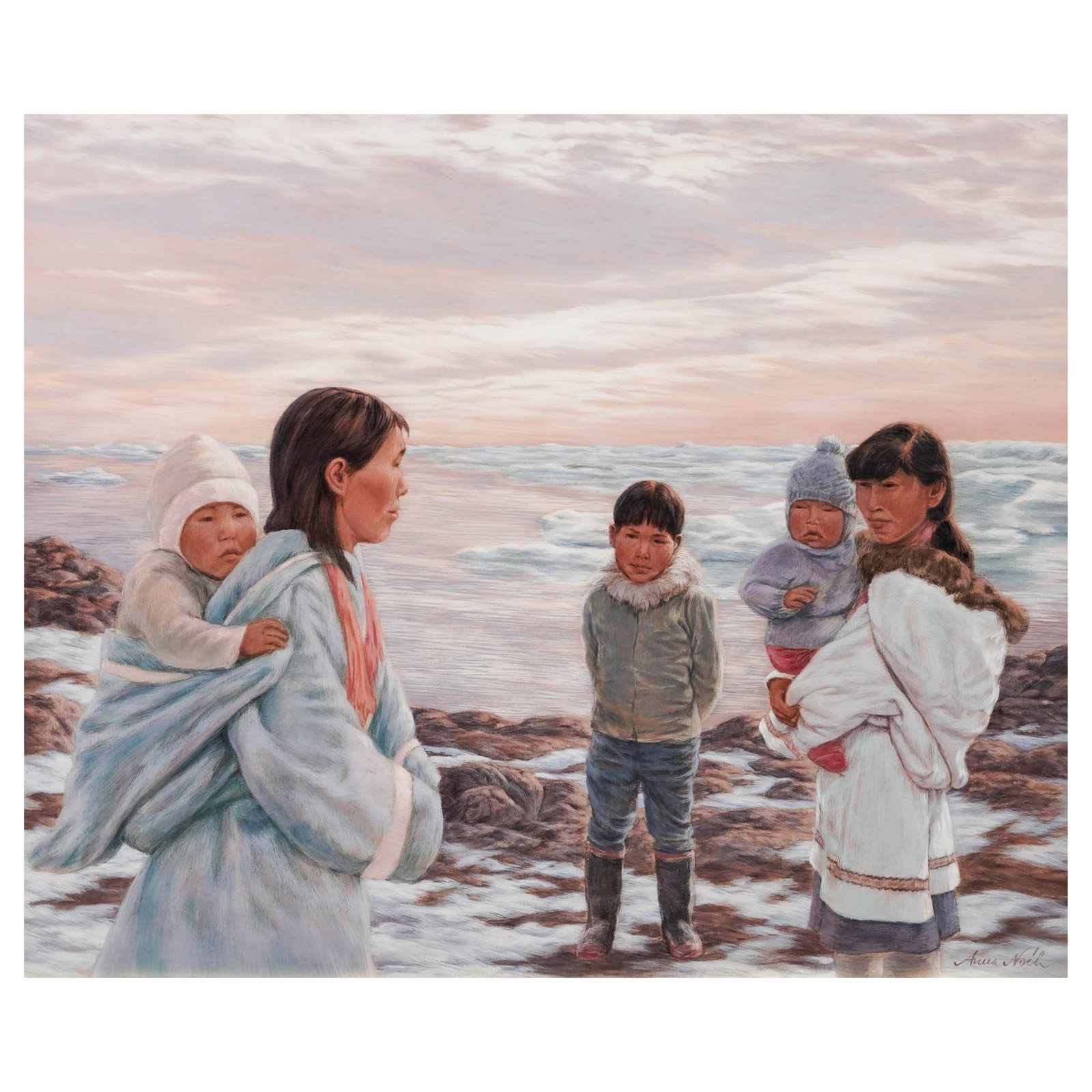 Anna Noeh (Canadian, 1926-2016) "Summer Night in the High Arctic" Oil on Board: Anna Noeh (Canadian, 1926-2016) "Summer Night in the High Arctic" Oil on Board 20th Cent, Canada This painting by Anna Noeh, titled Summer Night in the High Arctic, depicts an Inuit family gathered al