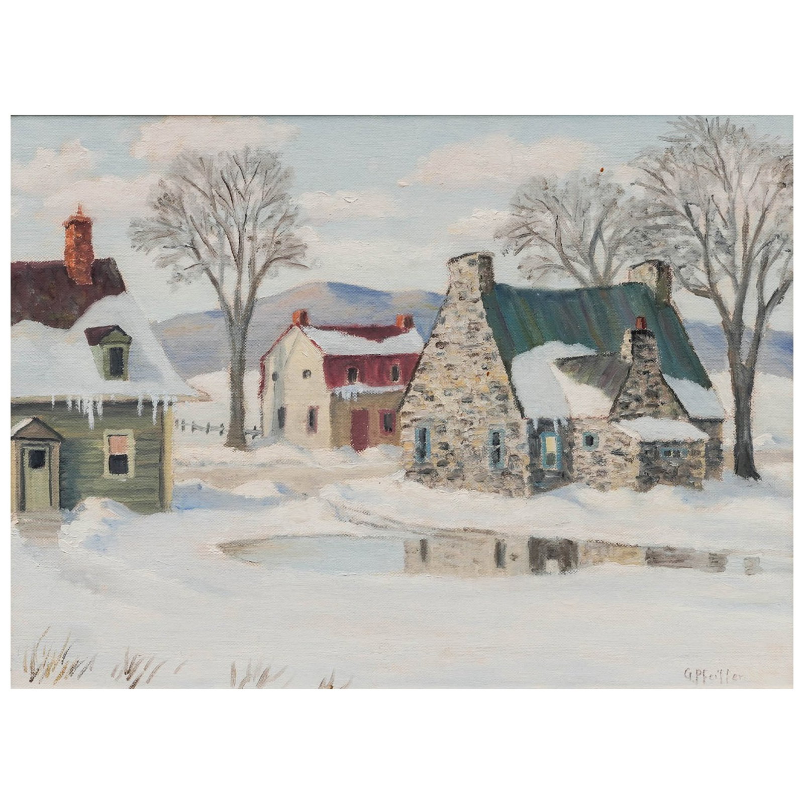Gordon Edward Pfeiffer (Canadian, 1899-1983) 'Early March Day' Oil on Canvas: Gordon Edward Pfeiffer (Canadian, 1899-1983) 'Early March Day' Oil on Canvas 1973, Canada Depicting a snow-covered Canadian village in early spring, with rustic houses, a prominent stone chimney, and 