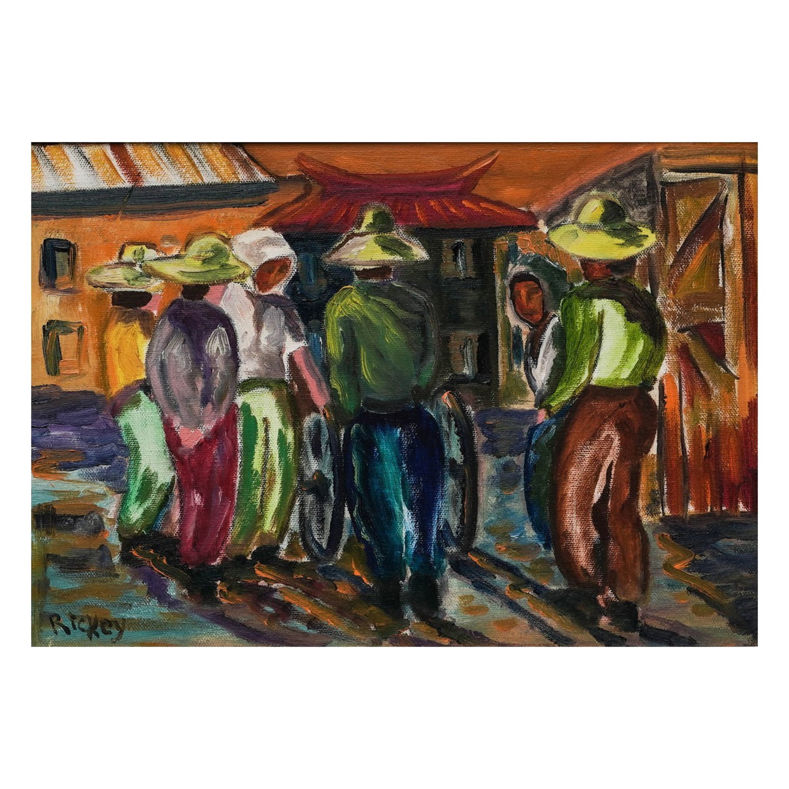 Signed "Rickey" Asian Market Scene Oil on Canvas (1 of 5)