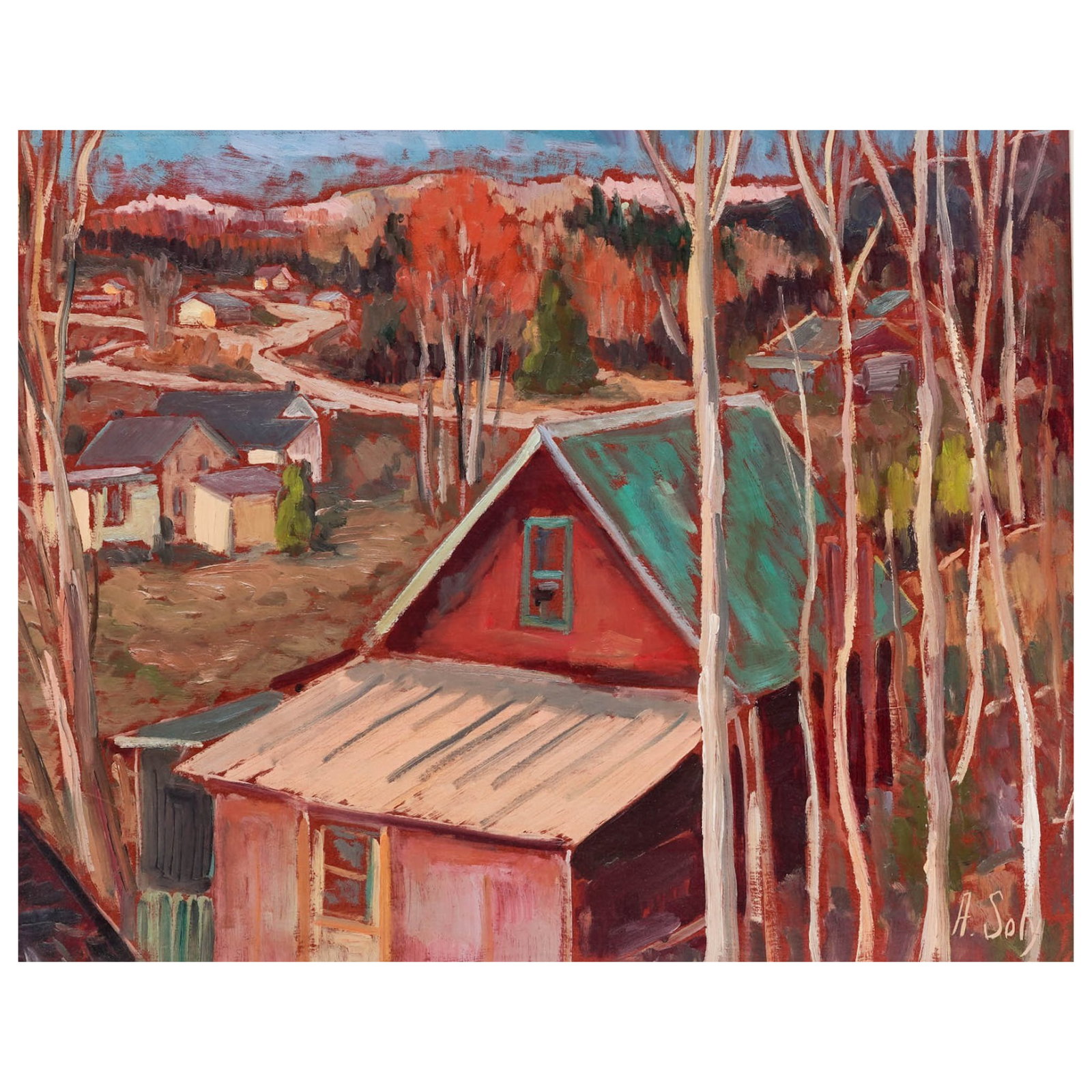 Albric Soly (Canadian, 1945-) Untitled Fall Landscape, Oil on Board: Albric Soly (Canadian, 1945-) Untitled Fall Landscape, Oil on Board Late 20th Century, Canada Depicting a rustic rural settlement surrounded by slender birch trees and dense autumn foliage, with a red