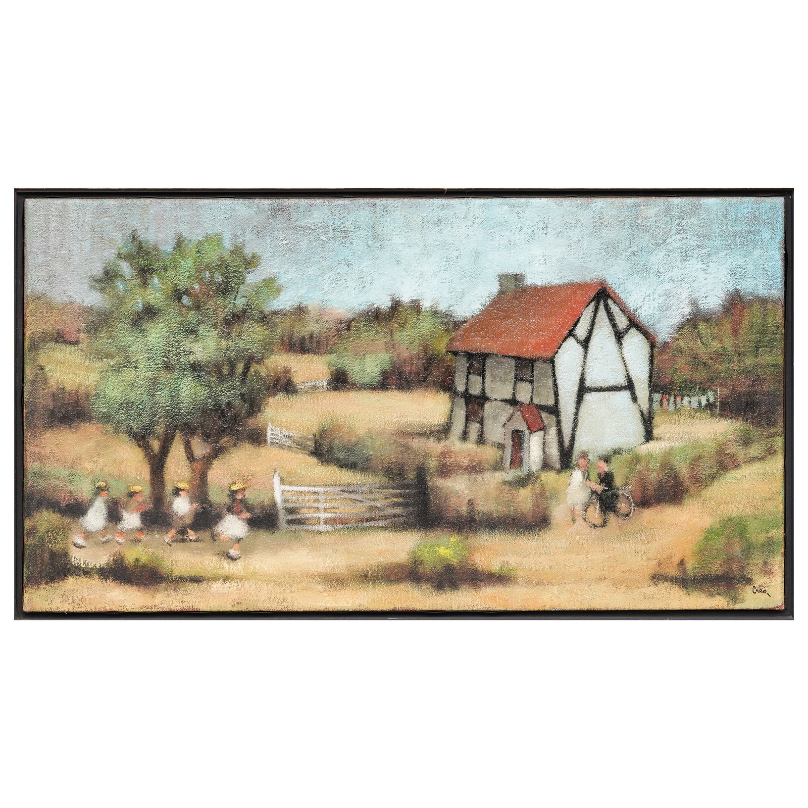 Leonard Creo (American, 1923-2019) Country Landscape On Canvas: Leonard Creo (American, 1923-2019) Country Landscape On Canvas Mid 20th - 21st Cent, USA This painting on canvas by Leonard Creo depicts a tranquil rural landscape centered around a traditional half-t