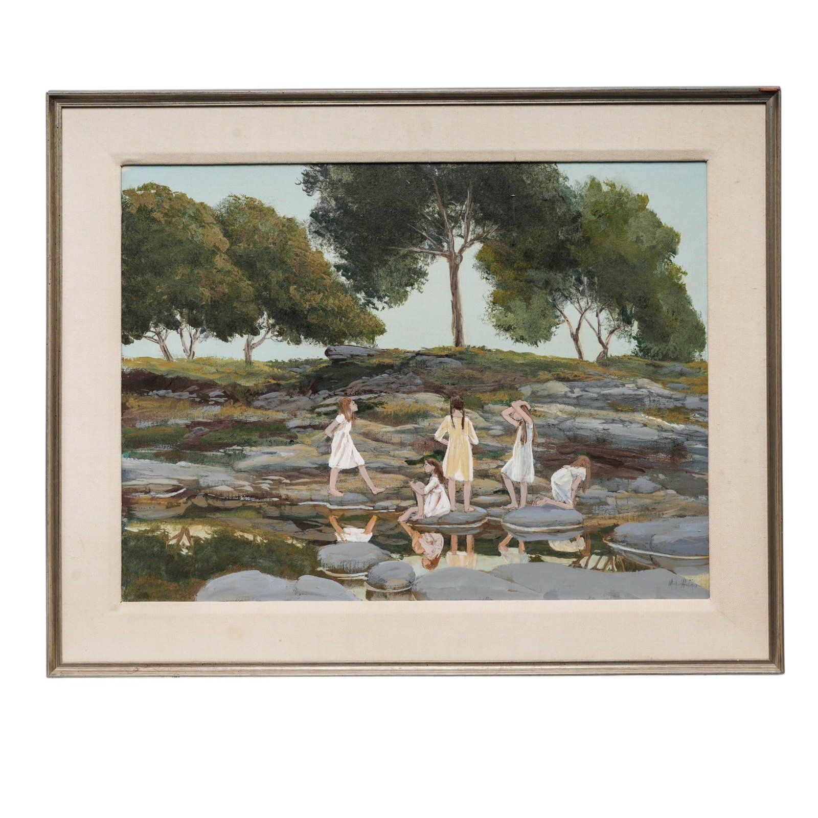 Michael Palmer (American, b. 1942) "Slippery Rock Sirens" Acrylic on Canvas: Michael Palmer (American, b. 1942) "Slippery Rock Sirens" Acrylic on Canvas 20th century An acyrlic on canvas painting titled "Slippery Rock Sirens" by American artist Michael Palmer (American, born 1