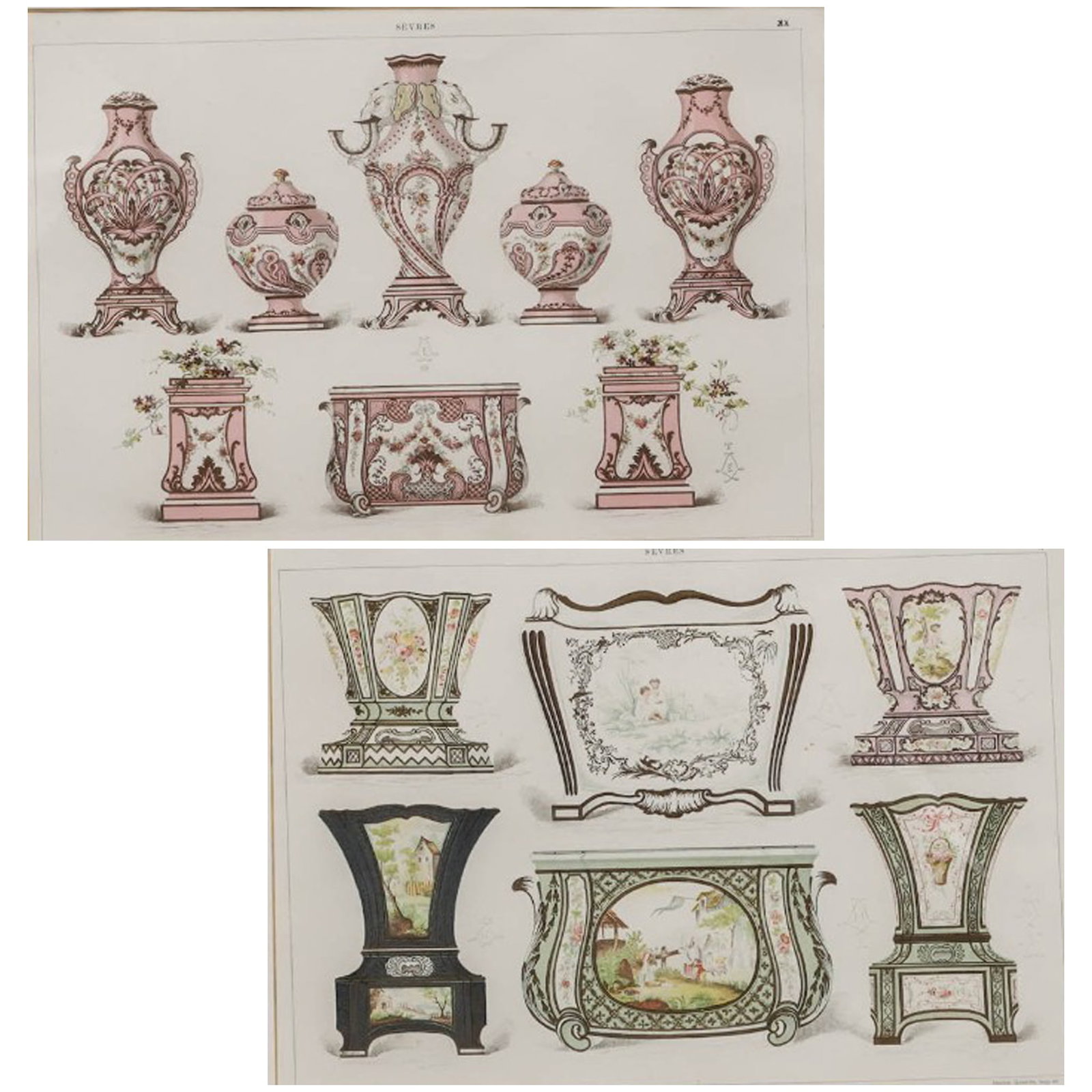 (2 Pc) Edouard Garnier (French, 1840-1903) Sèvres Chromolithographs: (2 Pc) Edouard Garnier (French, 1840-1903) Sèvres Chromolithographs 20th Century, France A pair of antique chromolithographic plates depicting elaborate Sèvres porcelain vessels, including urns, jar