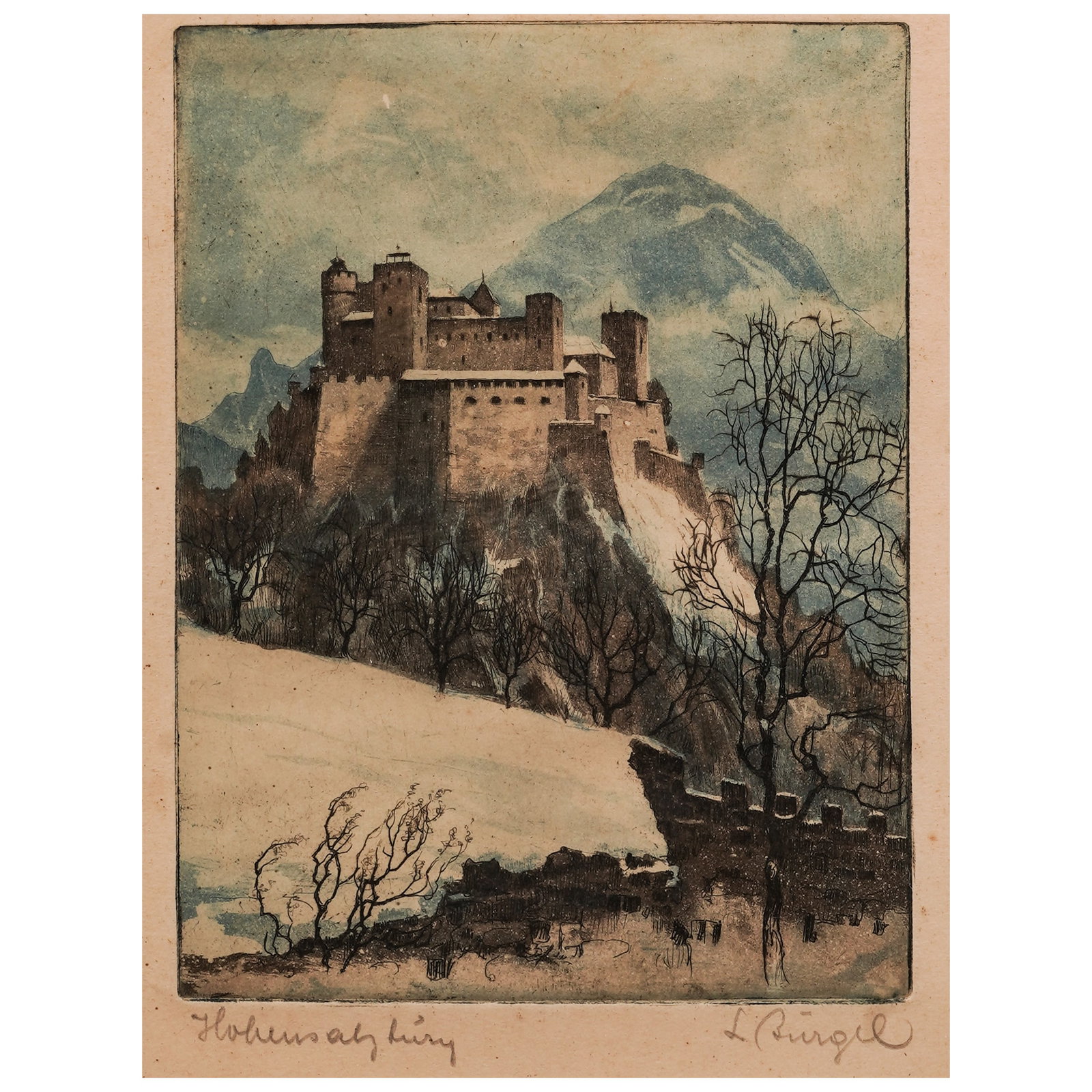 Ludwig Bürgel (Austrian, 1901-1980) 'Festung Hohensalzburg' Hand Colored Etching (1 of 5)