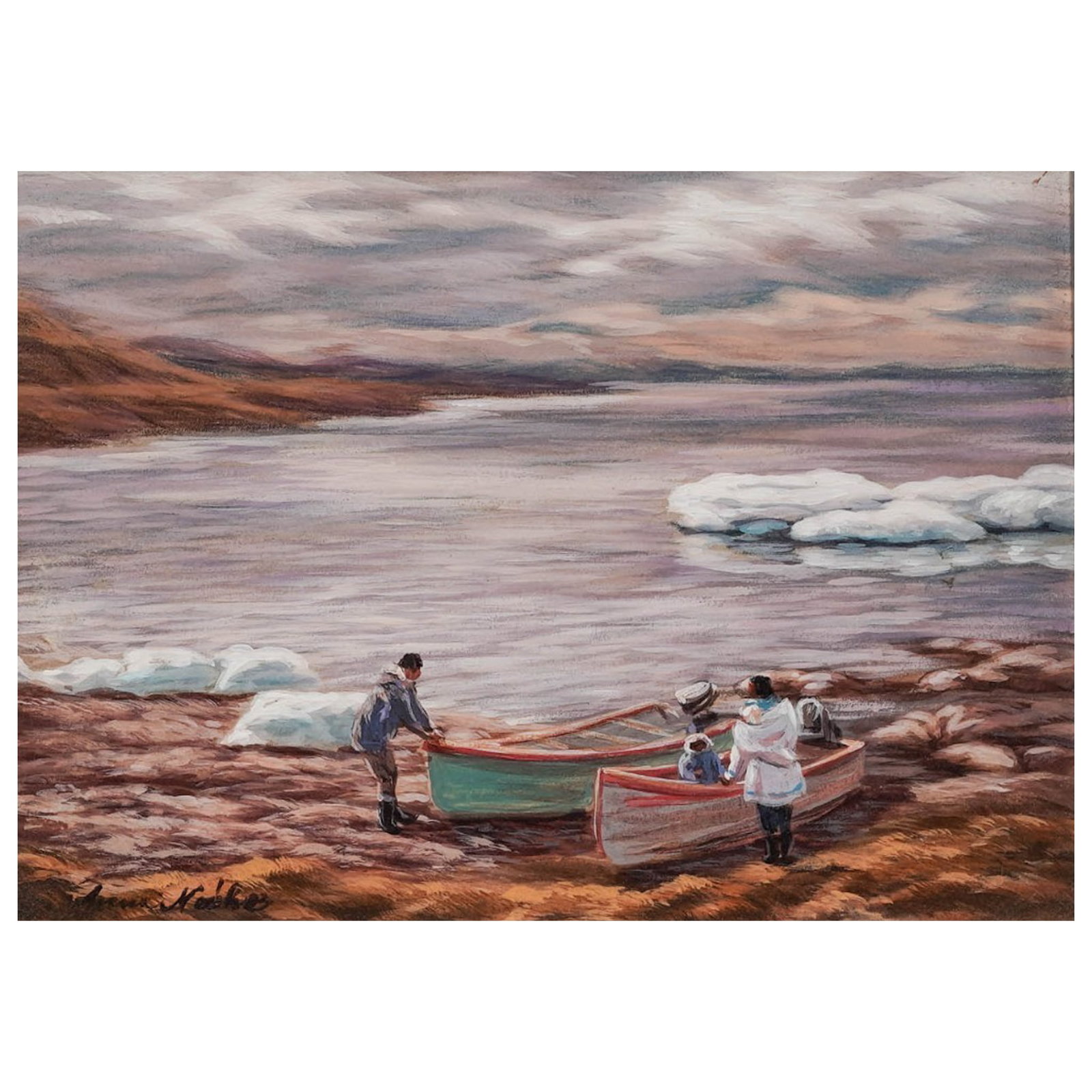 Anna Noeh (Canadian, 1926-2016) Acrylic on Board Painting: Anna Noeh (Canadian, 1926-2016) Acrylic on Board Painting 20th Cent, Canada Acrylic painting depicting a man and a woman with children either getting in or out of two separate canoes. Next to them is 
