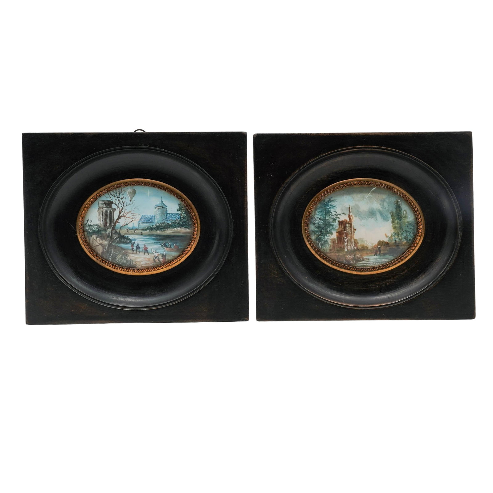 (2 pc) Antique Miniature Grand Tour French Landscape Oil Paintings (1 of 5)