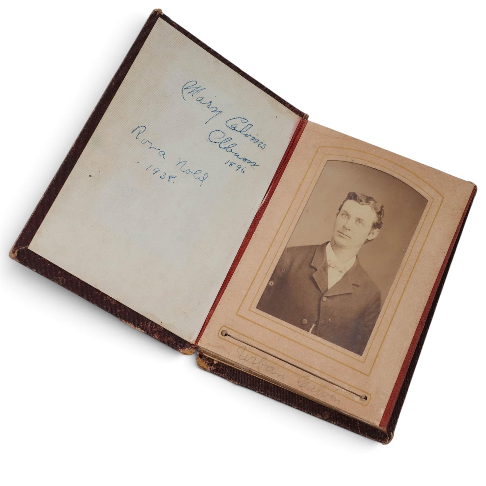 Victorian Photograph Album with Tintype Photographs: Victorian Photograph Album with Tintype Photographs 19th Century, England Victorian cloth-bound photograph album containing period portrait photographs, including cabinet cards and albumen photographs