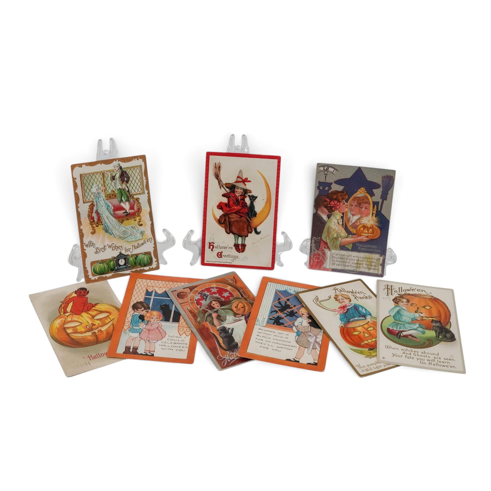 (10 Pc) Antique Halloween Postcards: (10 Pc) Antique Halloween Postcards Early 20th Century, USA & Germany A collection of ten vintage Halloween postcards featuring classic early twentieth-century holiday imagery. Subjects include
