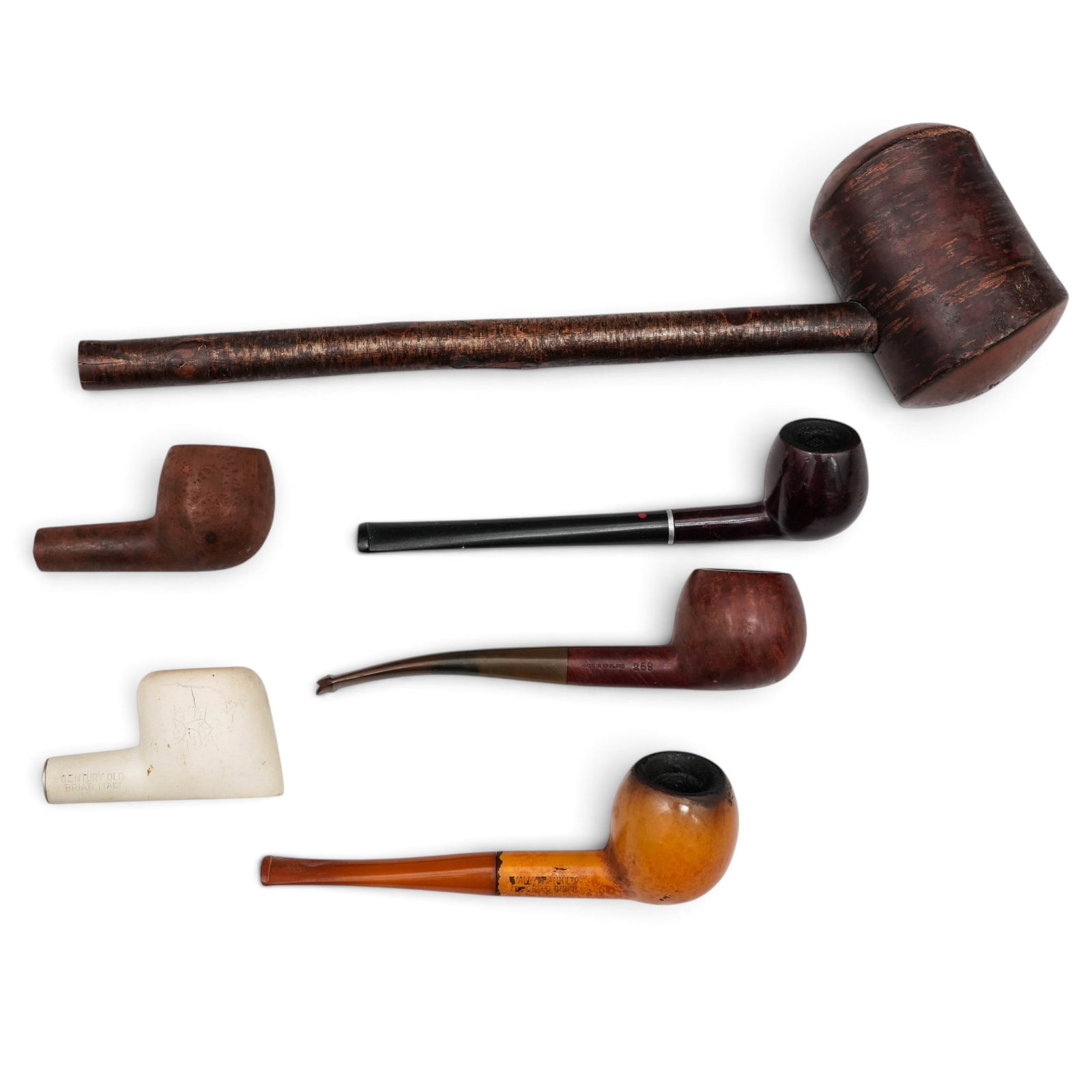 (6pc) Assorted Pipe Grouping: (6pc) Assorted Pipe Grouping 20th Cent. European Assorted group of six pipes of various markers and materials including: (1) Example of a "Belgian Leopard" pipe Made in Belgium. (1) Example of "McL Re
