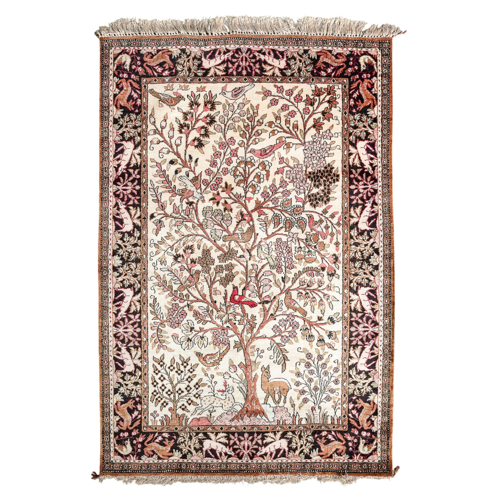 Persian Qum "Tree of Life" Silk Rug: Persian Qum "Tree of Life" Silk Rug 20th century, Persian "Tree of Life" Persian Qum rug, a high-end, hand-knotted textile known for its intricate detail and fine materials. Rug is made of silk or a