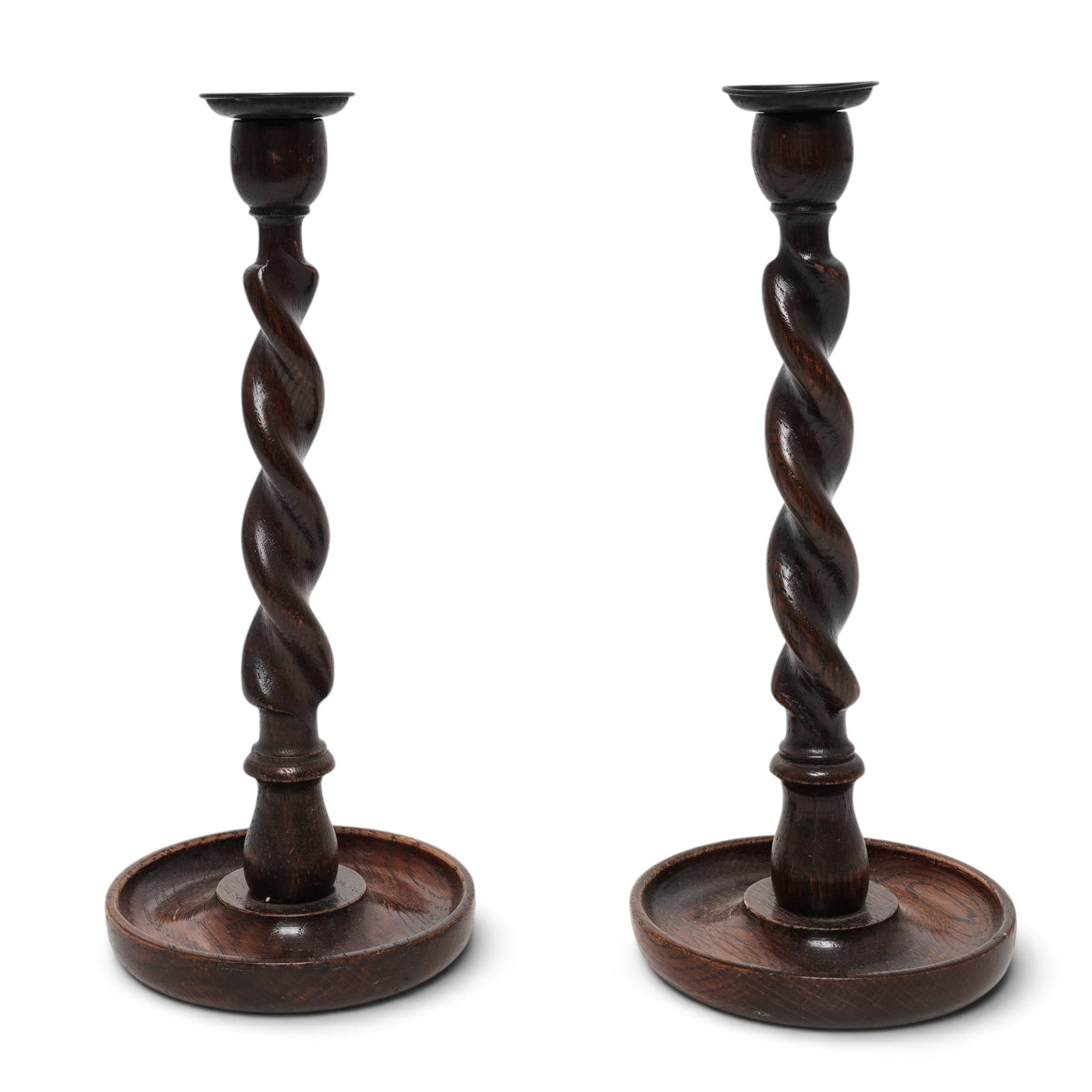Edwardian English Oak Candlesticks w/ Barley Twist Stem: Edwardian English Oak Candlesticks w/ Barley Twist Stem c. 1900-1910 or earlier, England These are antique English oak candlesticks featuring a distinctive barley twist stem design. They date from Edw