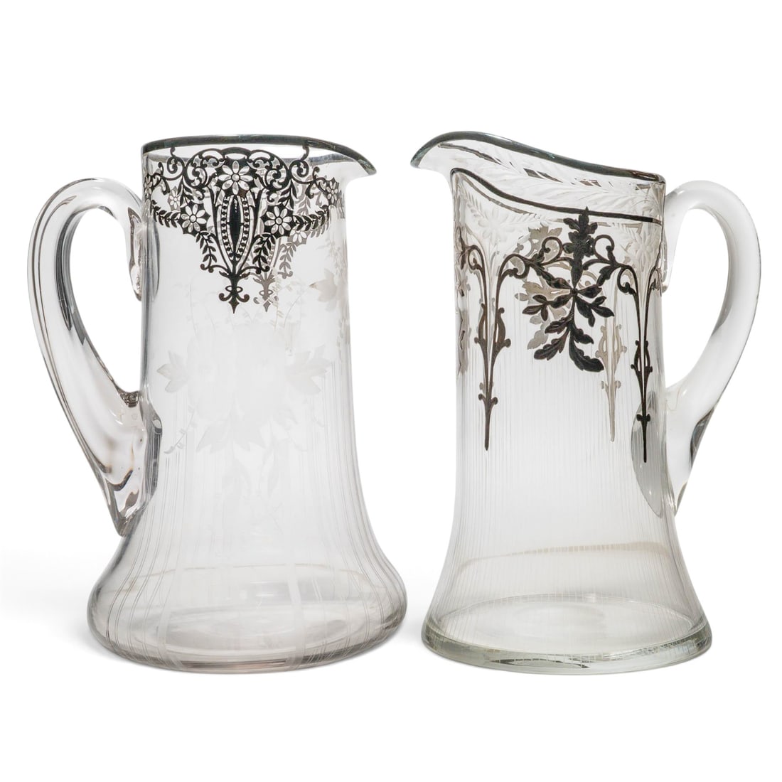(2 pc) Art Nouveau Sterling Silver Overlay Etched Pitchers (1 of 8)