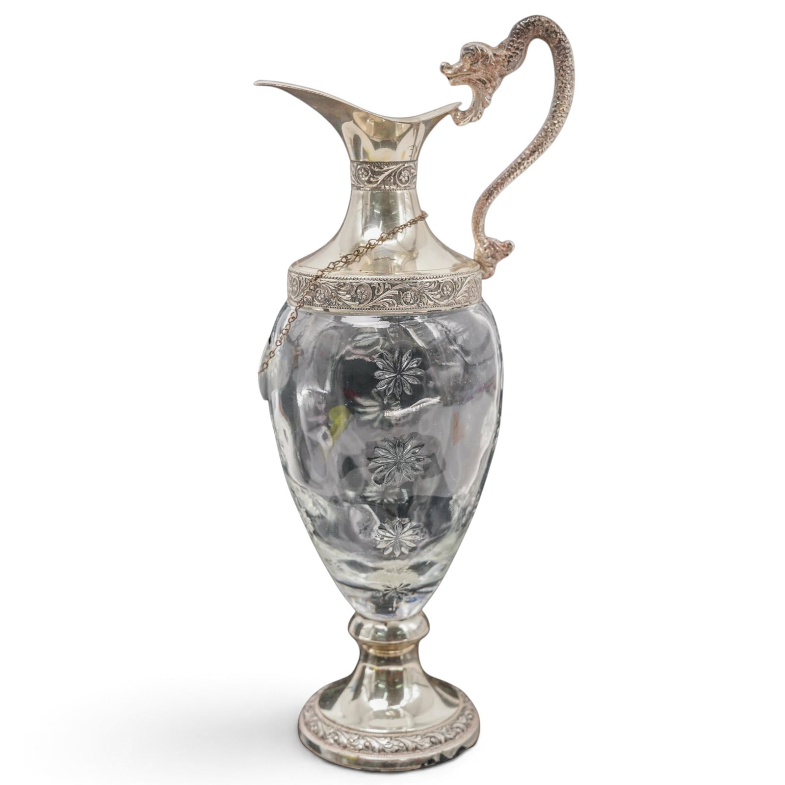 Gio Buton & C.S.A. Silver Plated Crystal Claret: Gio Buton & C.S.A. Silver Plated Crystal Claret Mid 20th Cent., Italy Italian crystal claret ewer with silver-plated mountings, including a hinged lid, foliate repoussé bands, and a serpent-form hand
