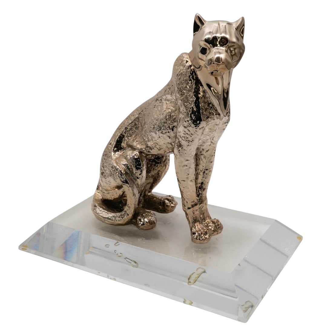 Contemporary Silver Overlay Cheetah Sculpture on Lucite Base: Contemporary Silver Overlay Cheetah Sculpture on Lucite Base Late 20th Century A contemporary sculptural figure of a seated cheetah rendered in silver-tone overlay with textured fur and stylized facia