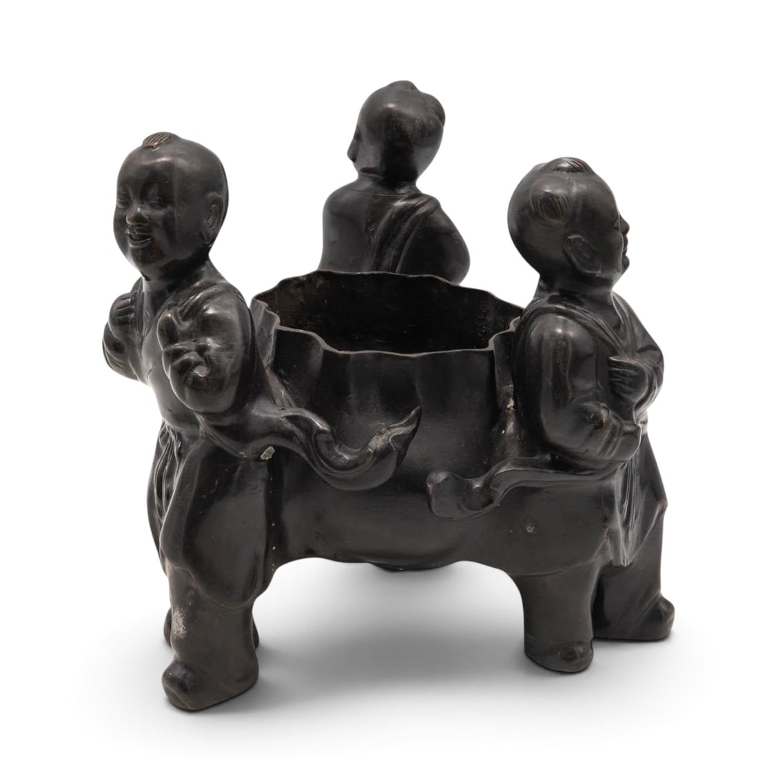 Maitland Smith LTD. Brass "Three Boys" Planter: Maitland Smith LTD. Brass "Three Boys" Planter 20th Cent.,Thailand This planter showcases the brand's signature blend of neoclassical elegance and whimsical folk style. Crafted from heavy cast brass, 