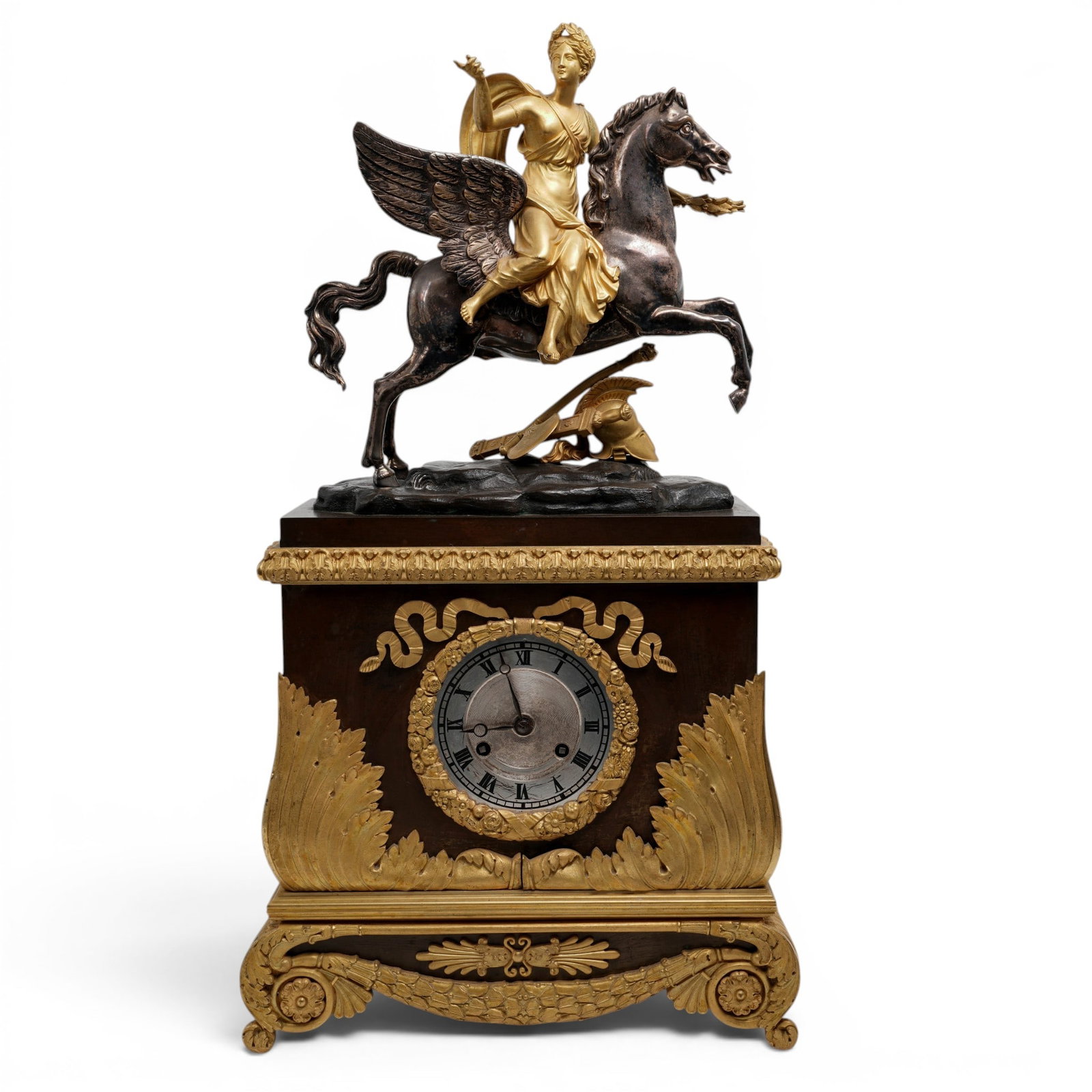 19th Cent. Charles X Bronze Figural Mantel Clock Baschet-Baullier Fils Movement: 19th Cent. Charles X Bronze Figural Mantel Clock Baschet-Baullier Fils Movement 19th century, French Napoleon III "Fame riding Pegasus" bronze mantel clock The movement producer is the Parisian