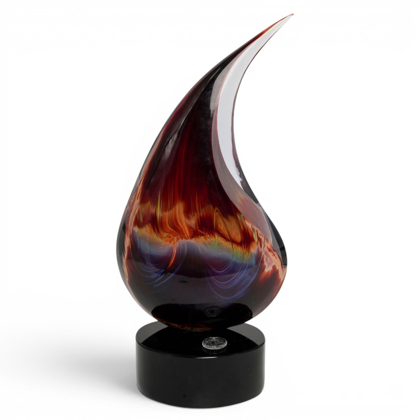 Dino Rosin Murano Glass "Elisir" (Teardrop) Sculpture: Dino Rosin Murano Glass "Elisir" (Teardrop) Sculpture 1993, Italy Original Dino Rosin Murano glass sculpture, featuring a teardrop mounted on a black oval shaped glass base. One side of the glass is