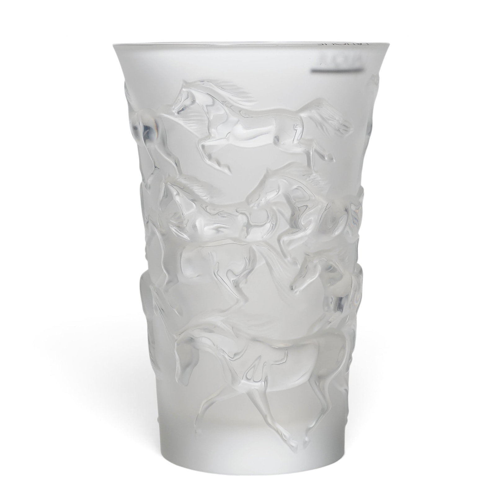 Lalique "Mustang" Frosted Crystal Vase Galloping Horses w/ Original Box: Lalique "Mustang" Frosted Crystal Vase Galloping Horses w/ Original Box c. 2001, French Lalique Mustang Vase, featuring an intricate relief depicting a galloping herd of wild horses. Premium clear,