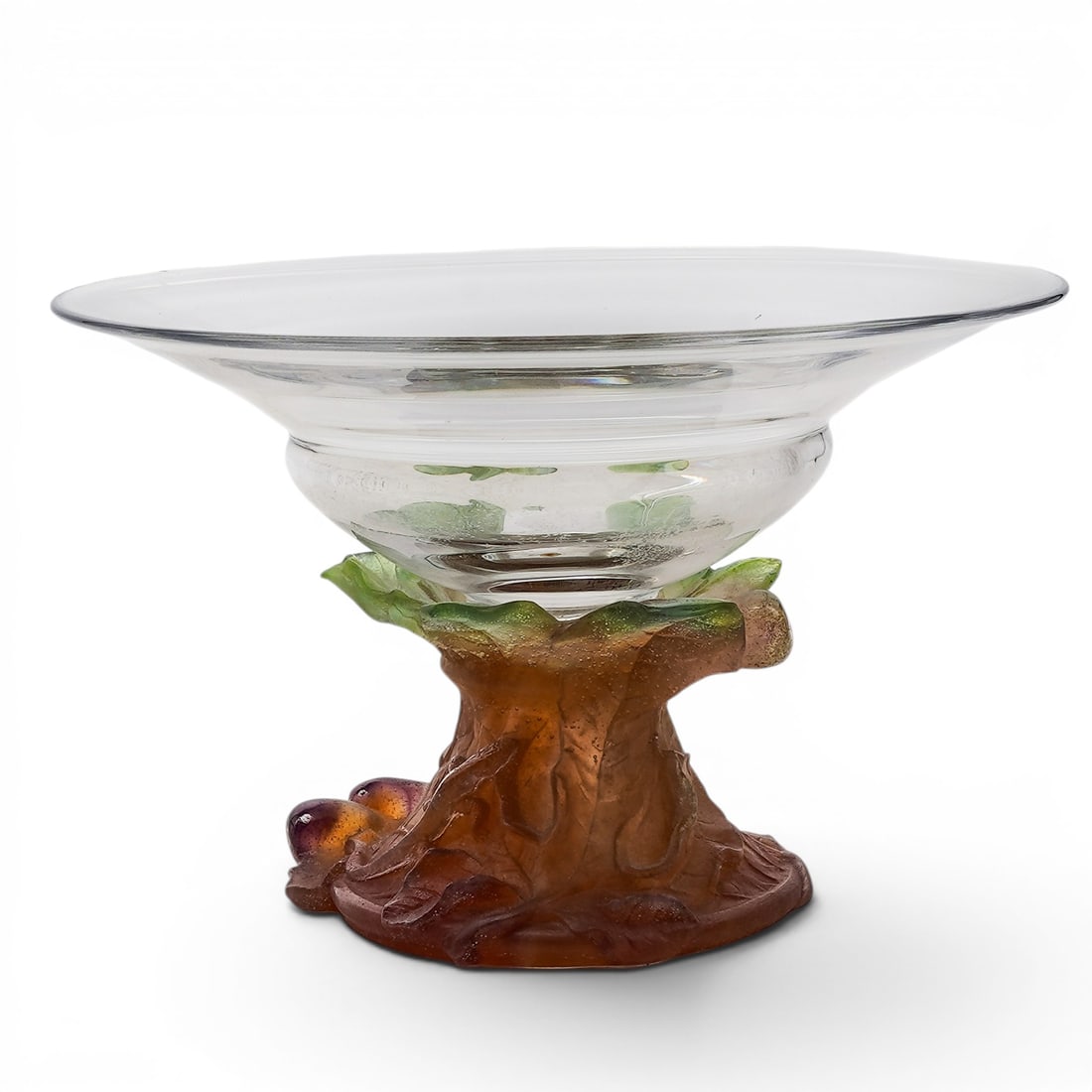 Daum "Les Figues" Pate de Verre Crystal Compote: Daum "Les Figues" Pate de Verre Crystal Compote 20th Cent., French Art glass compote centerpiece bowl from the "Les Figues" collection. The piece features a wide-rimmed, clear fine lead crystal