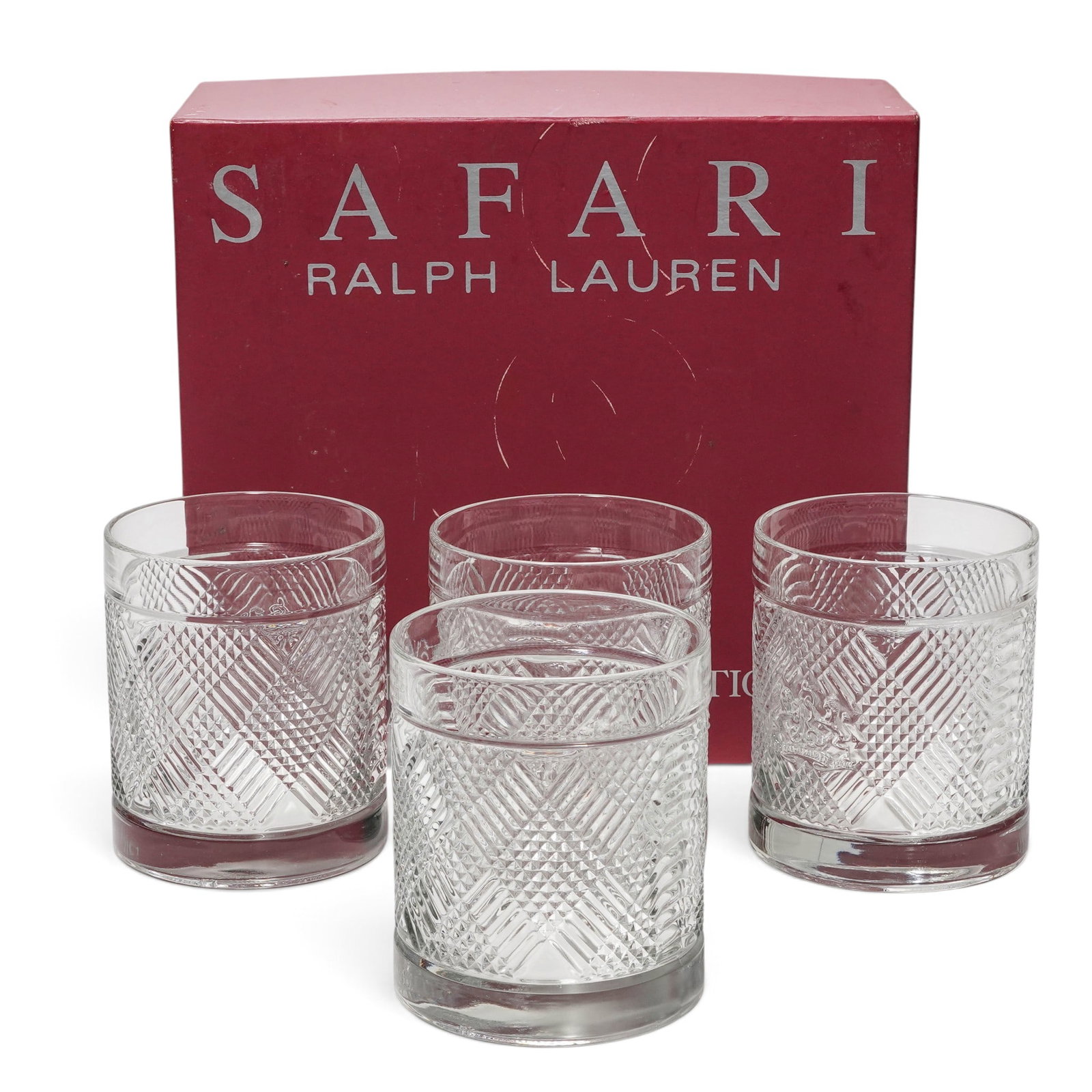 (4 pc) Ralph Lauren Safari Signature Collection Double Old Fashioned Glasses: (4 pc) Ralph Lauren Safari Signature Collection Double Old Fashioned Glasses c. 1980s, USA Vintage set of Ralph Lauren safari signature collection double old fashioned glasses with original box.