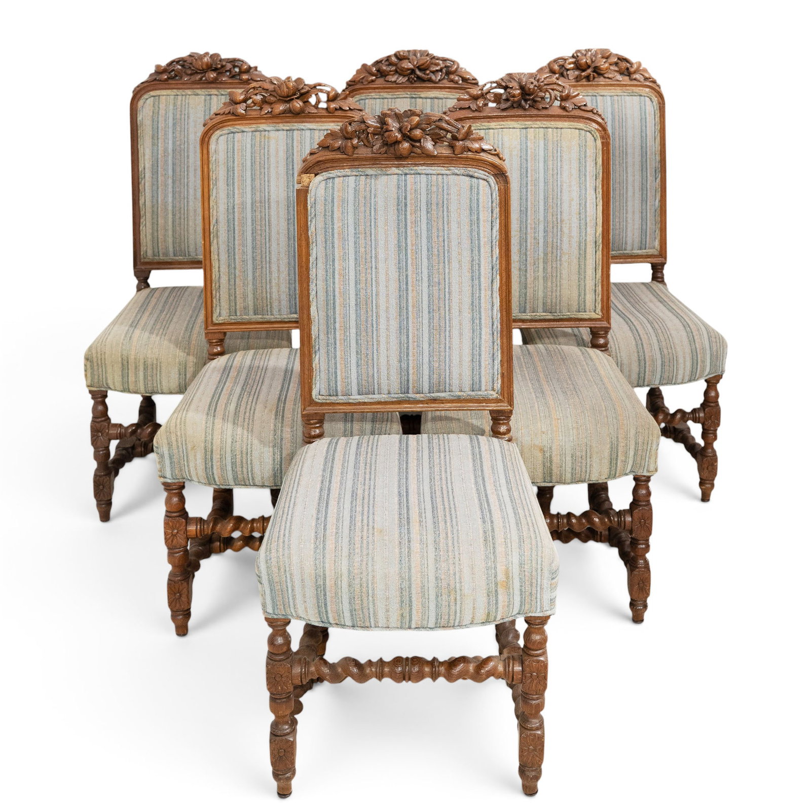 (6 pcs) Antique Victorian Blue Striped Upholstered Chairs: (6 pcs) Antique Victorian Blue Striped Upholstered Chairs Late 19th century A set of six antique Victorian carved wooden chairs with blue striped upholstery. The chairs feature ornate, carved floral