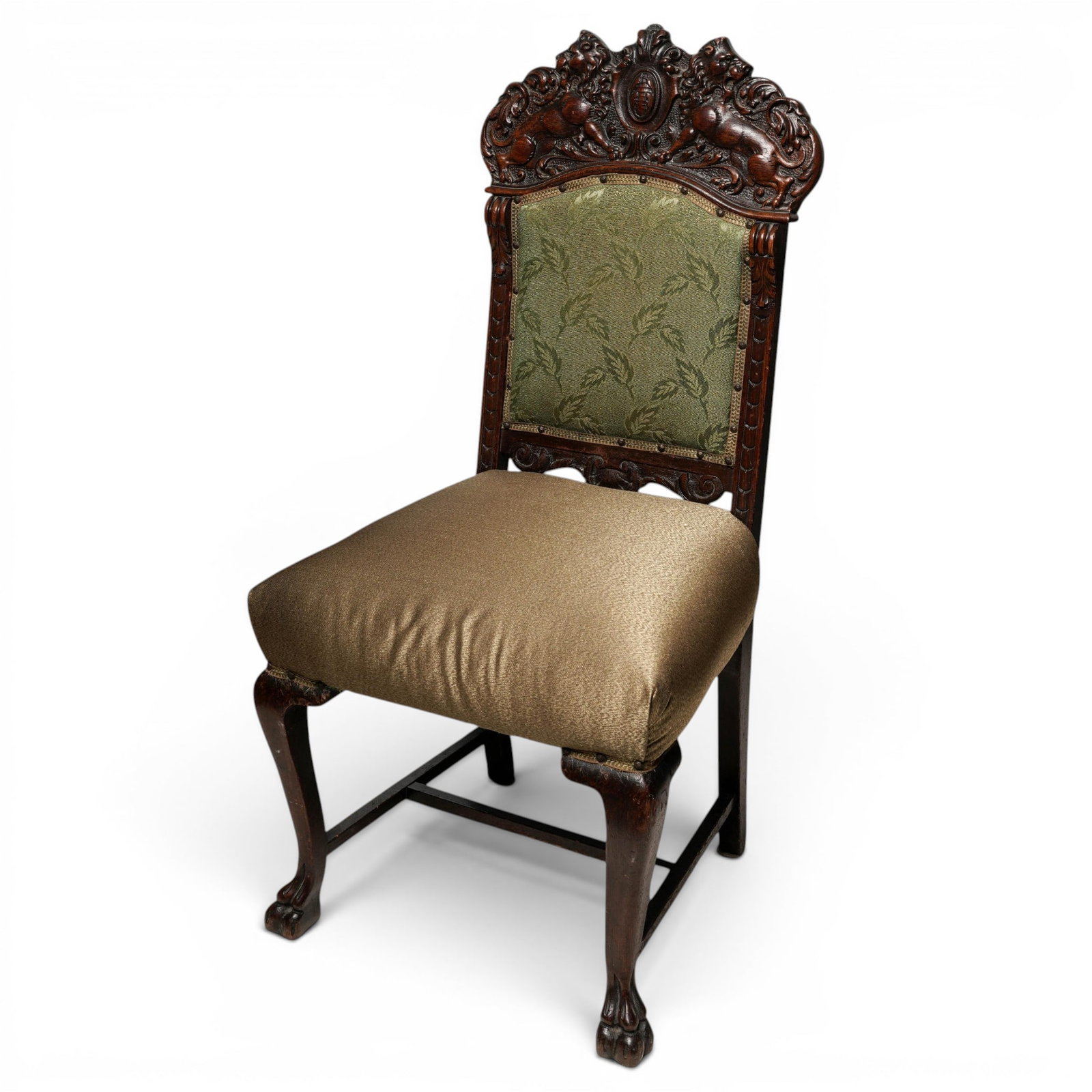 19th Cent. Victorian Upholstered Side Chair: 19th Cent. Victorian Upholstered Side Chair 19th Cent, Likely England 19th-century Victorian side chair featuring a high, gently spooned back and a deeply cushioned seat upholstered in emerald-toned