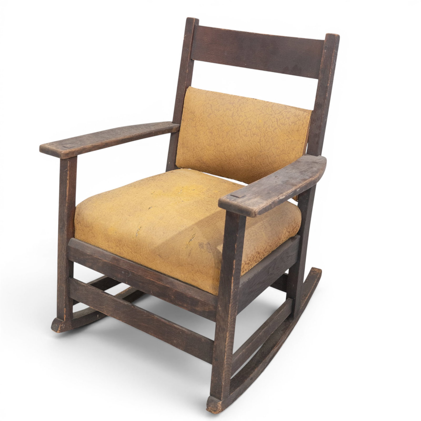 Antique J&G Stickley Rocking Chair: Antique J&G Stickley Rocking Chair Early 20th Century, USA An Early 20th-century Arts & Crafts oak rocking chair by J. & G. Stickley, featuring broad rectilinear arms, a horizontal slat back, and