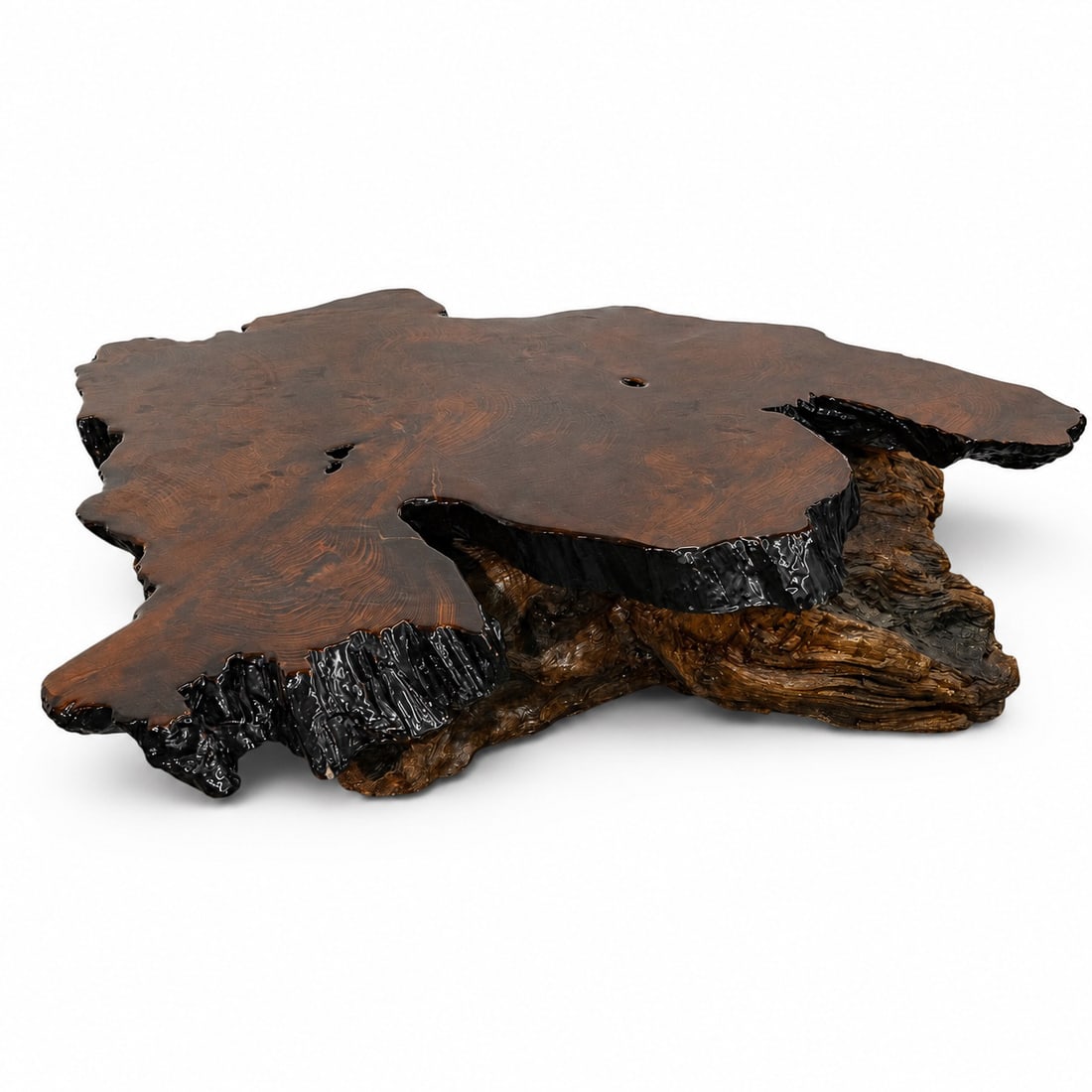 Vintage Redwood Burl Coffee Table: Vintage Redwood Burl Coffee Table Late 20th Century, USA A freeform redwood burl coffee table with a thick live-edge slab top, richly figured grain, and a high-gloss lacquer finish, raised on a