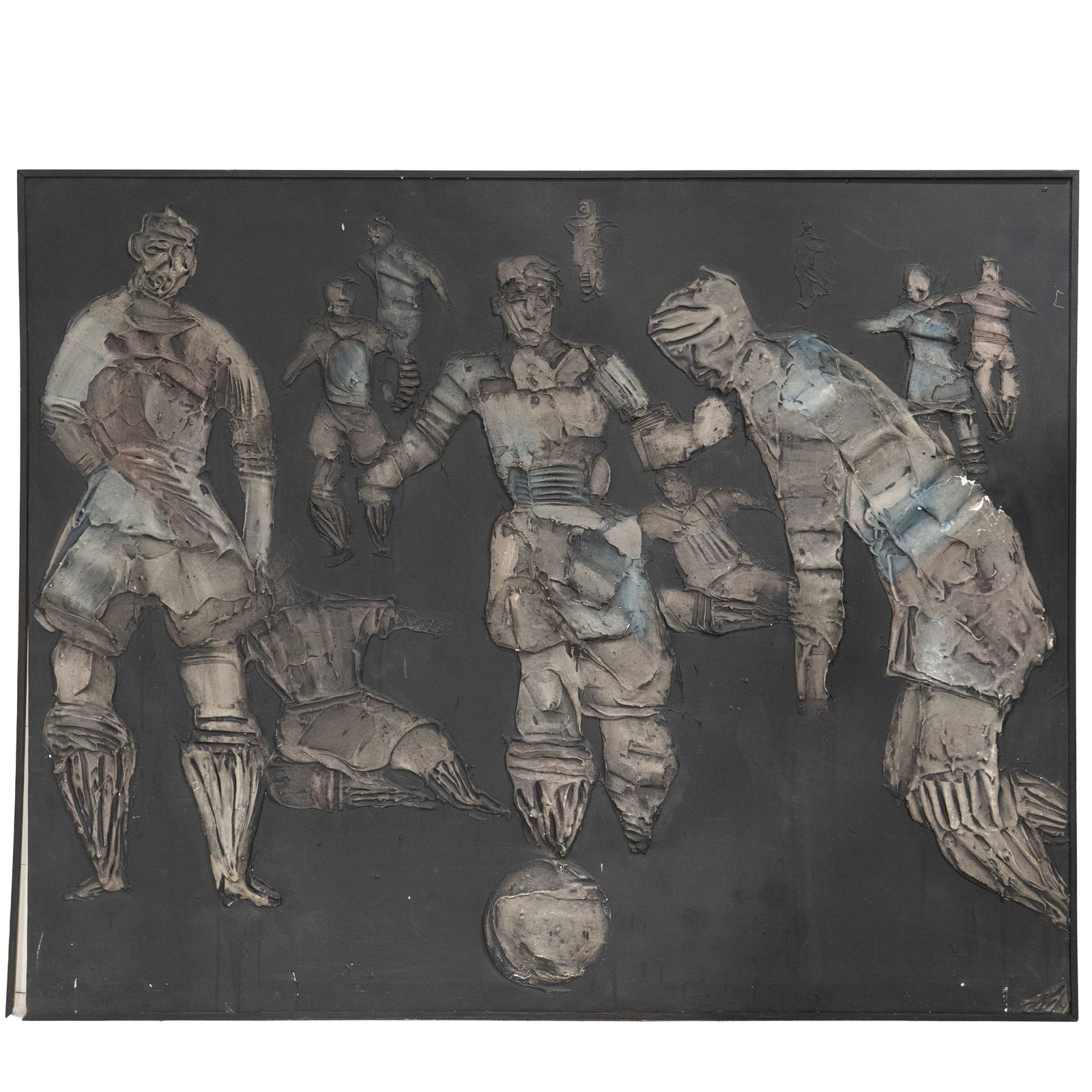 Dario Villalba (Spanish, 1939-2018) 'Partido I,' Oil on Canvas: Dario Villalba (Spanish, 1939-2018) 'Partido I,' Oil on Canvas 1965, Spain Depicting a group of soccer players rendered in Villalba's expressive figurative style against a dark ground. Titled