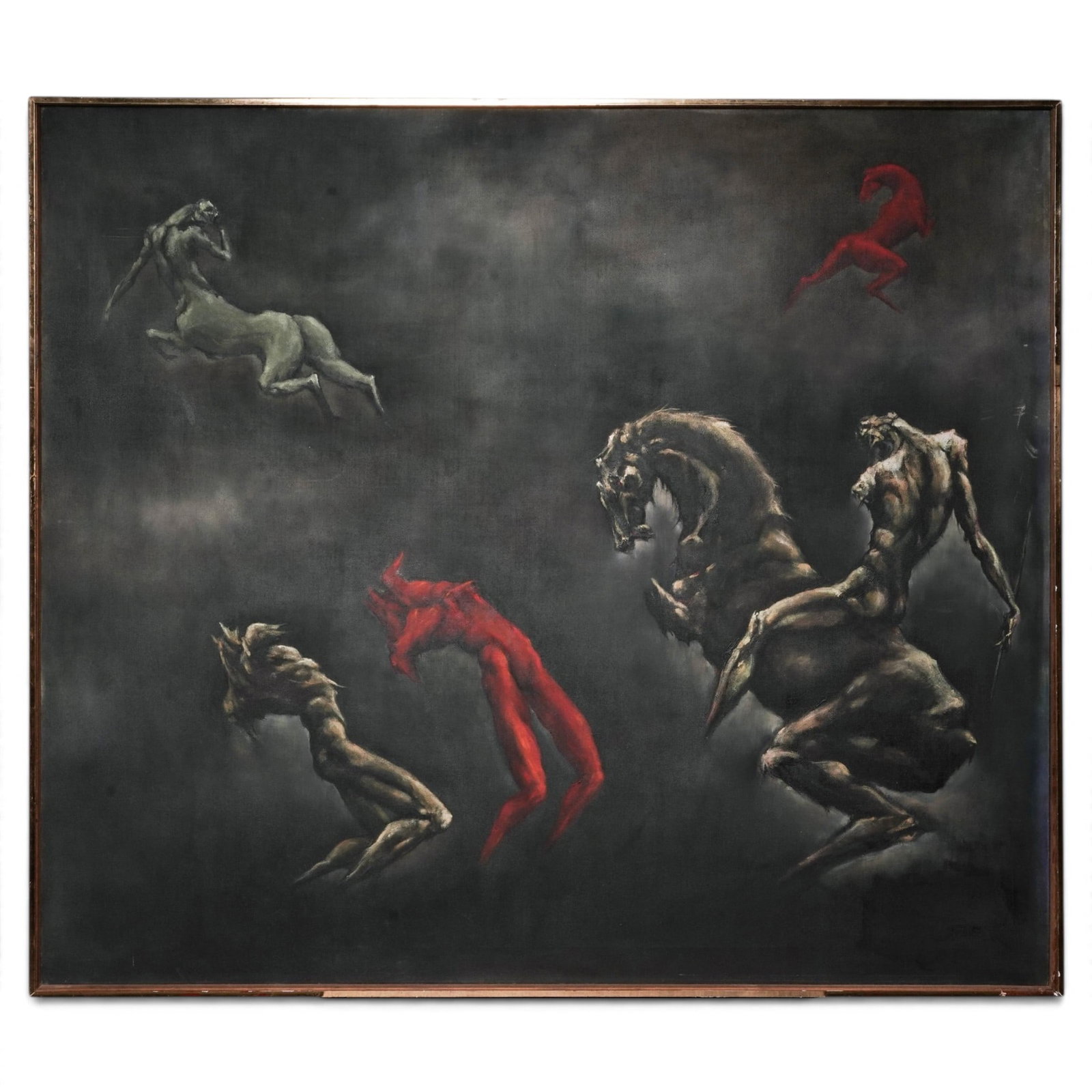 Miguel Montalvo 'Doble Camino,' Oil on Canvas Painting: Miguel Montalvo 'Doble Camino,' Oil on Canvas Painting 20th Century A surreal composition of fragmented equine and human forms against a dark atmospheric ground by Miguel Montalvo. Titled "Doble