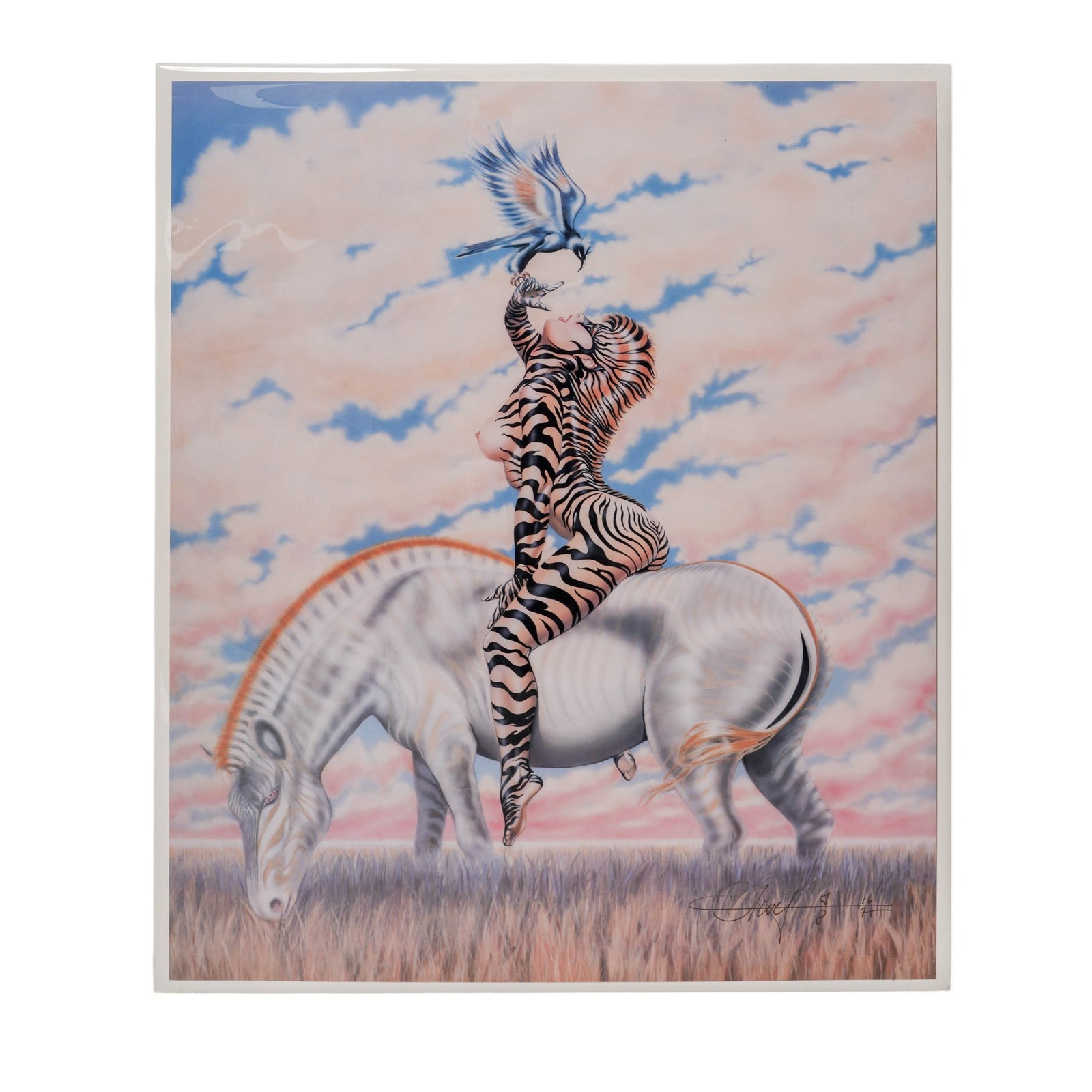 Olivia DeBerardinis (American, 1948-) 'Zebra Lady,' Erotic Lithograph (Robert Bane Editions): Olivia DeBerardinis (American, 1948-) 'Zebra Lady,' Erotic Lithograph (Robert Bane Editions) Late 20th Century, USA Color lithograph on board by American pin-up and fantasy artist Olivia DeBerardinis.
